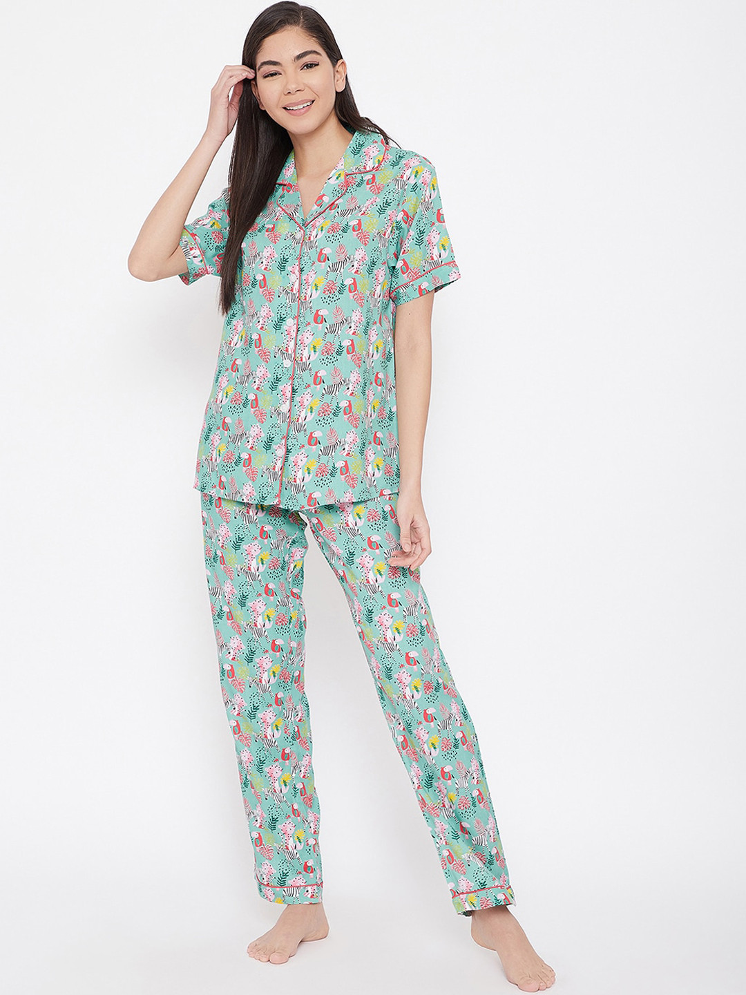 

Clovia Women Green & Pink Printed Night suit