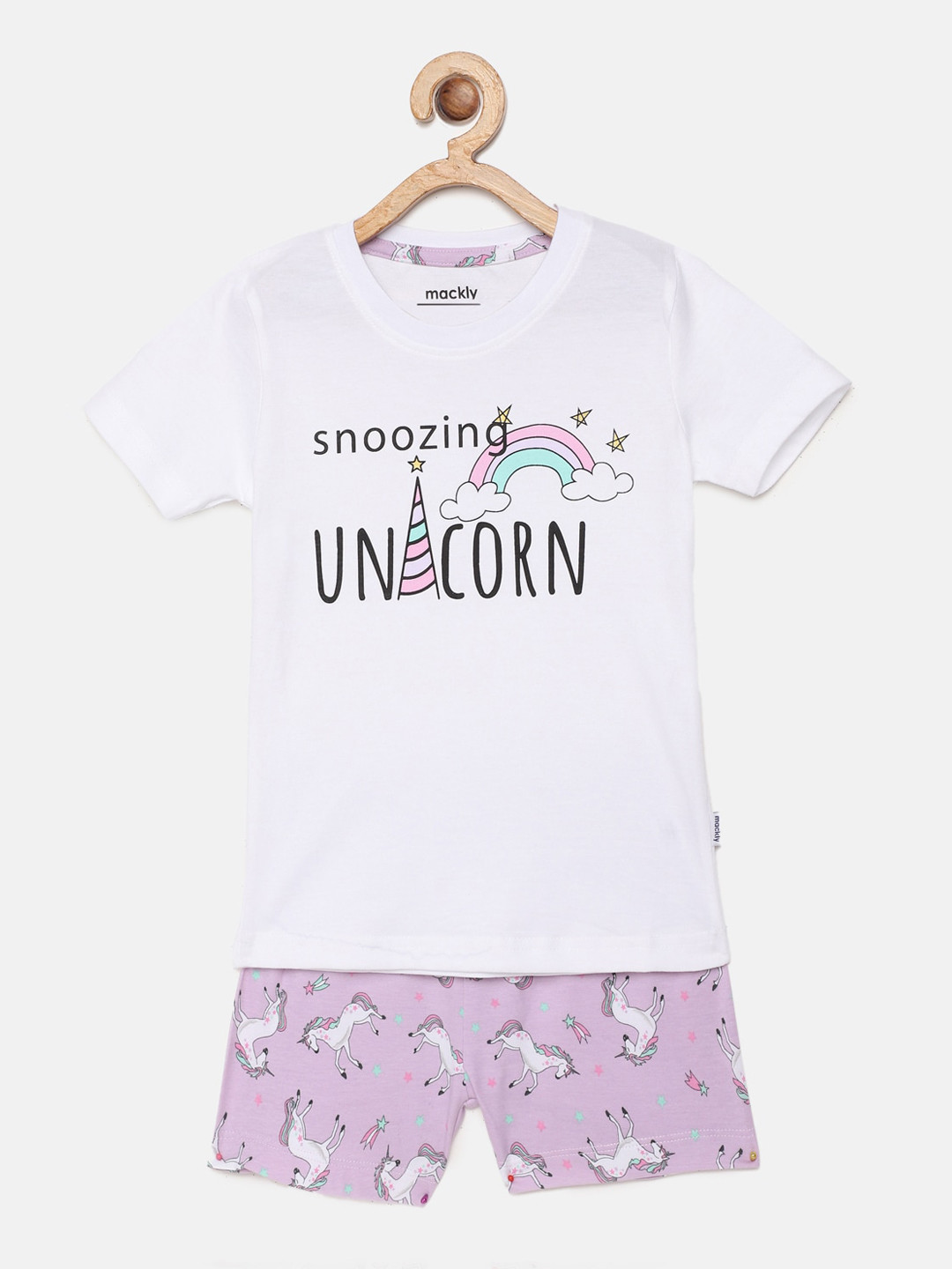 

mackly Girls White & Lavender Printed Night suit