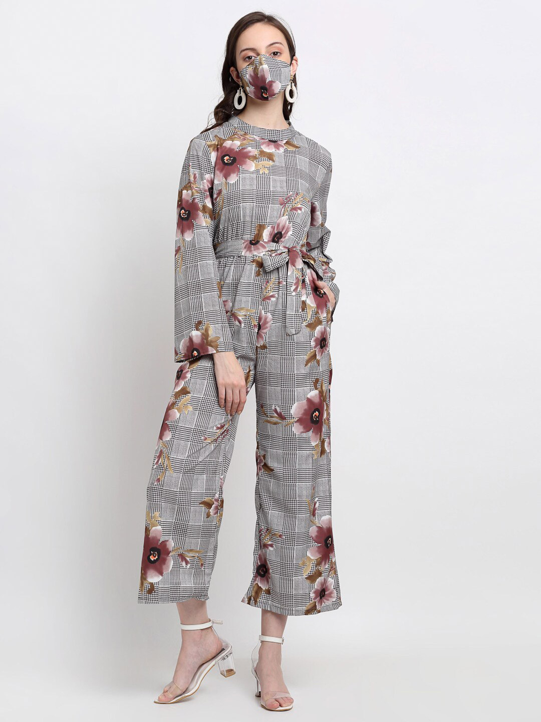 

DIVA WALK EXCLUSIVE Grey & Brown Printed Basic Jumpsuit with Mask