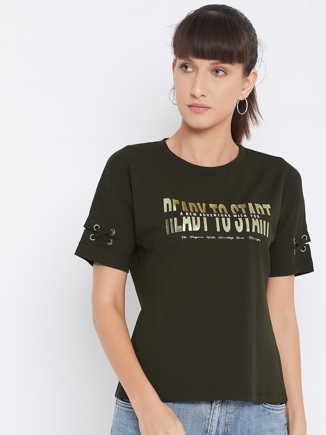 

Octave Women Olive Typography Printed T-shirt