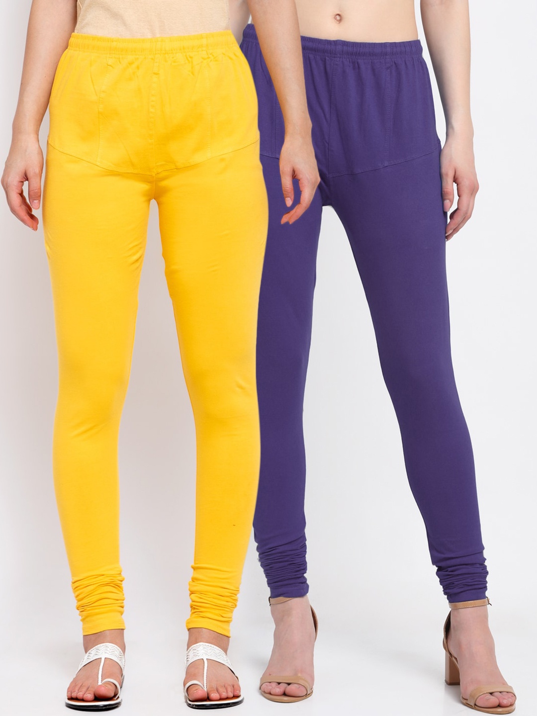 

KLOTTHE Women Pack Of 2 Blue & Yellow Solid Churidar-Length Cotton Leggings