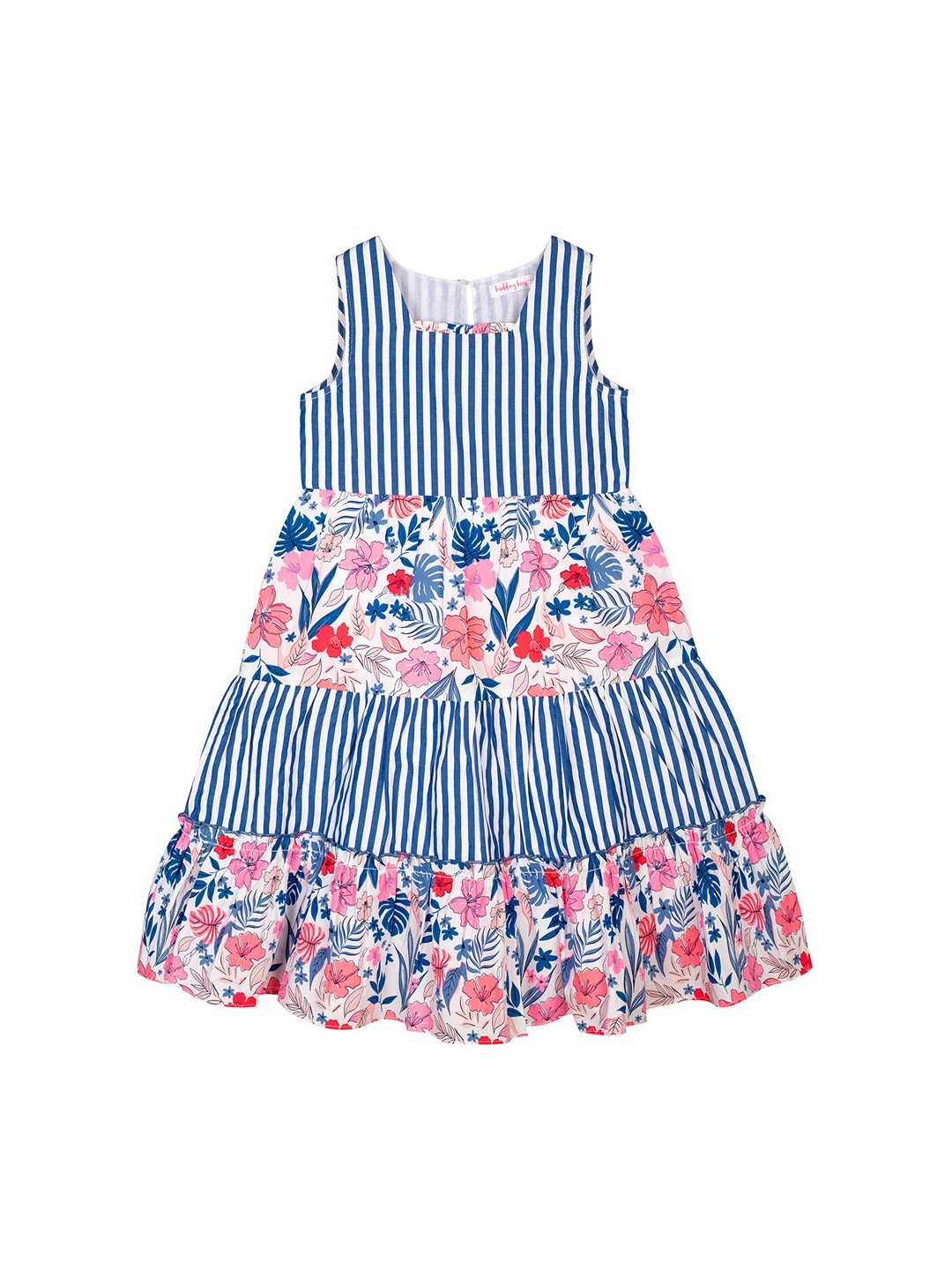 

Budding Bees White & Blue Floral & Striped Printed A-Line Dress