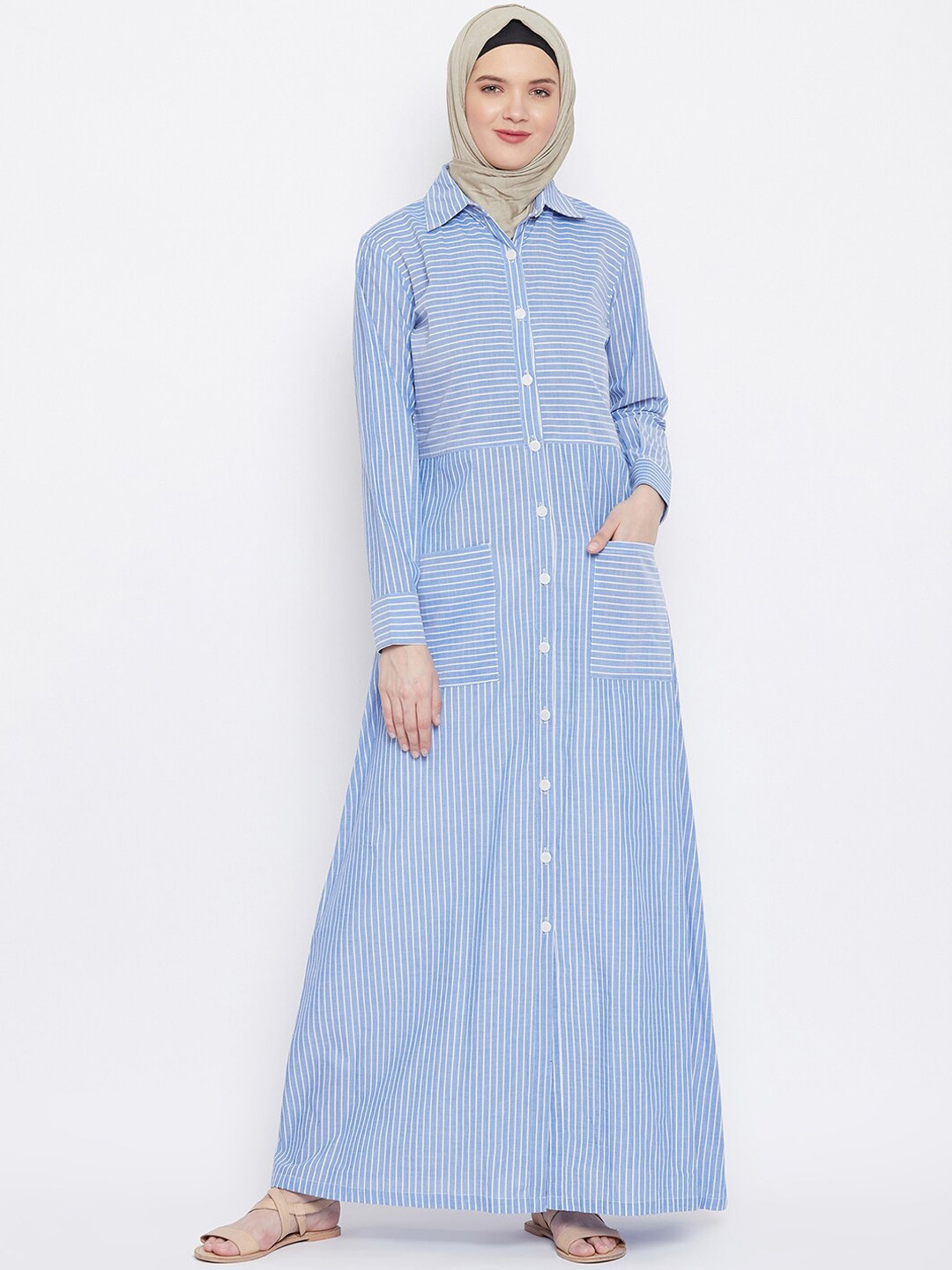 

MOMIN LIBAS Women Blue Striped Cotton Front Open Abaya Burqa