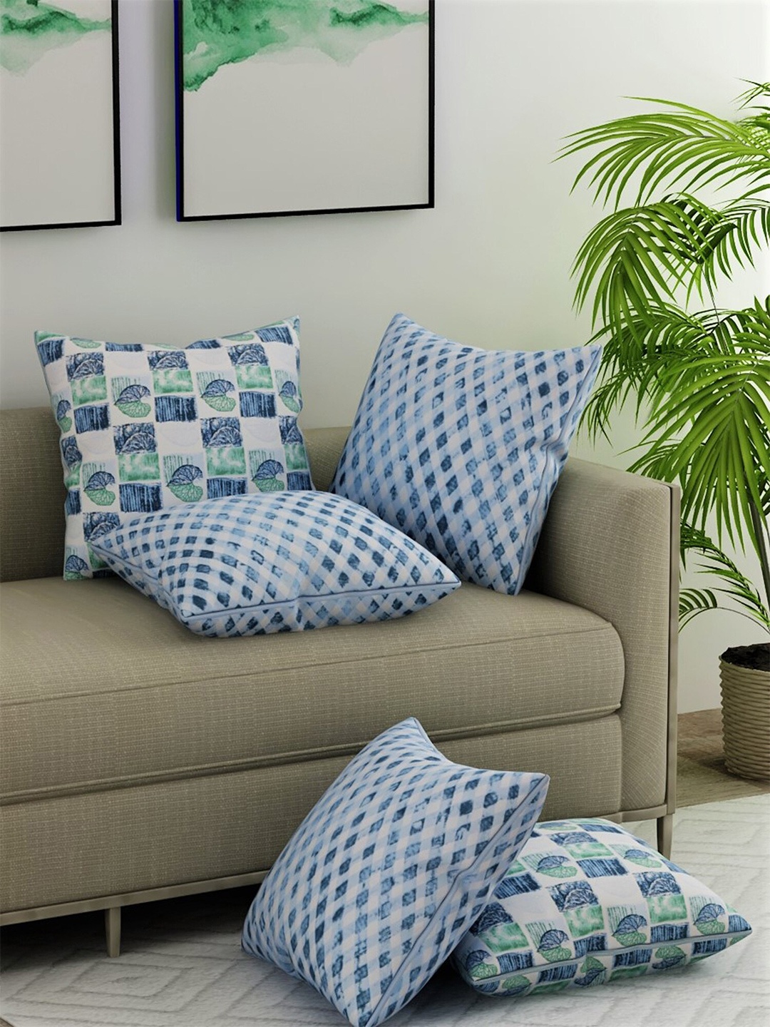 

Salona Bichona Teal & White Set of 5 Abstract Satin Square Cushion Covers
