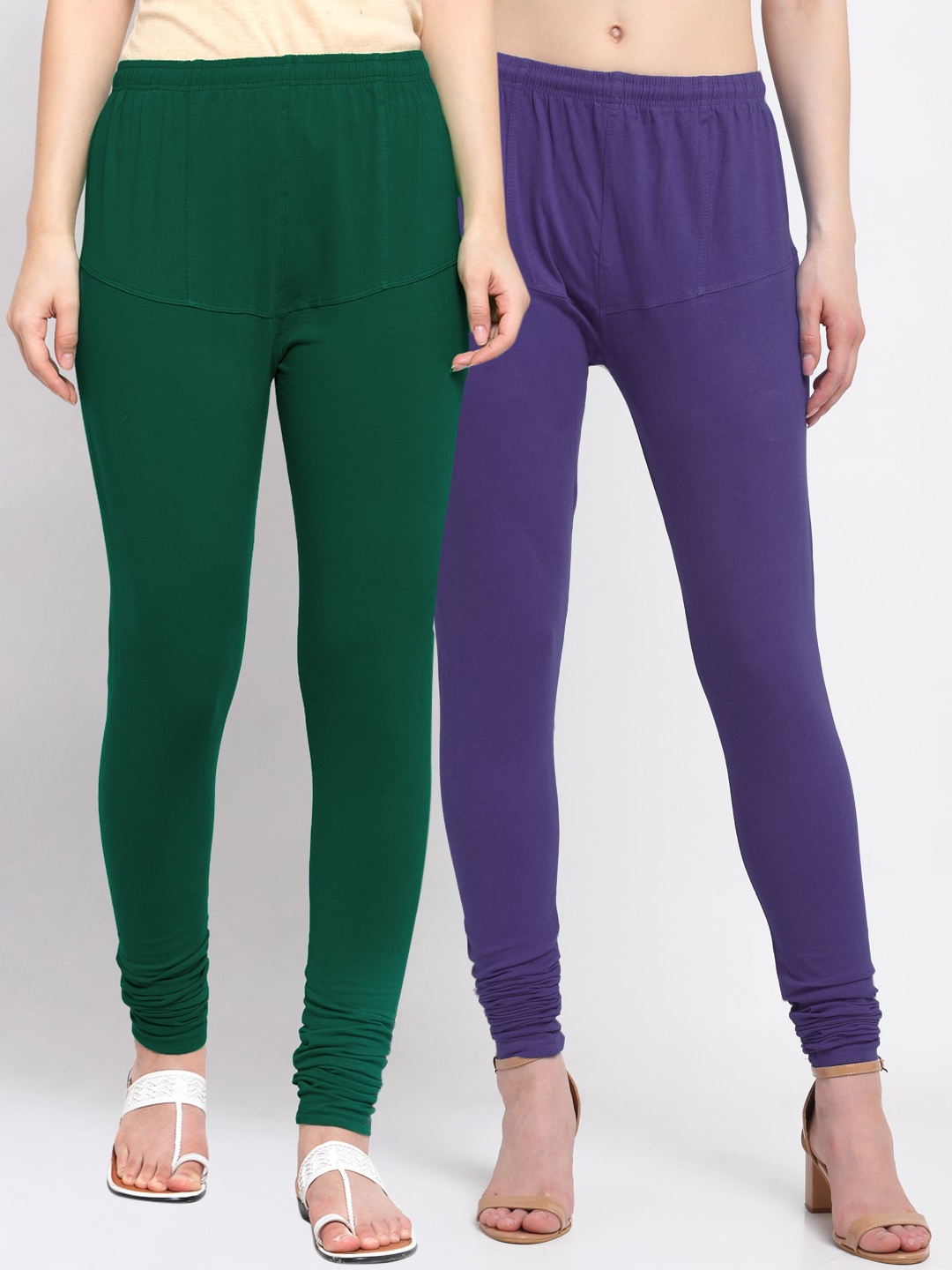 

KLOTTHE Women Pack Of 2 Green & Purple Solid Cotton Churidar-Length Leggings