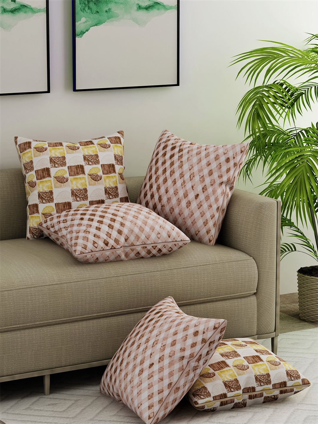 

Salona Bichona Brown & White Set of 5 Striped Satin Square Cushion Covers