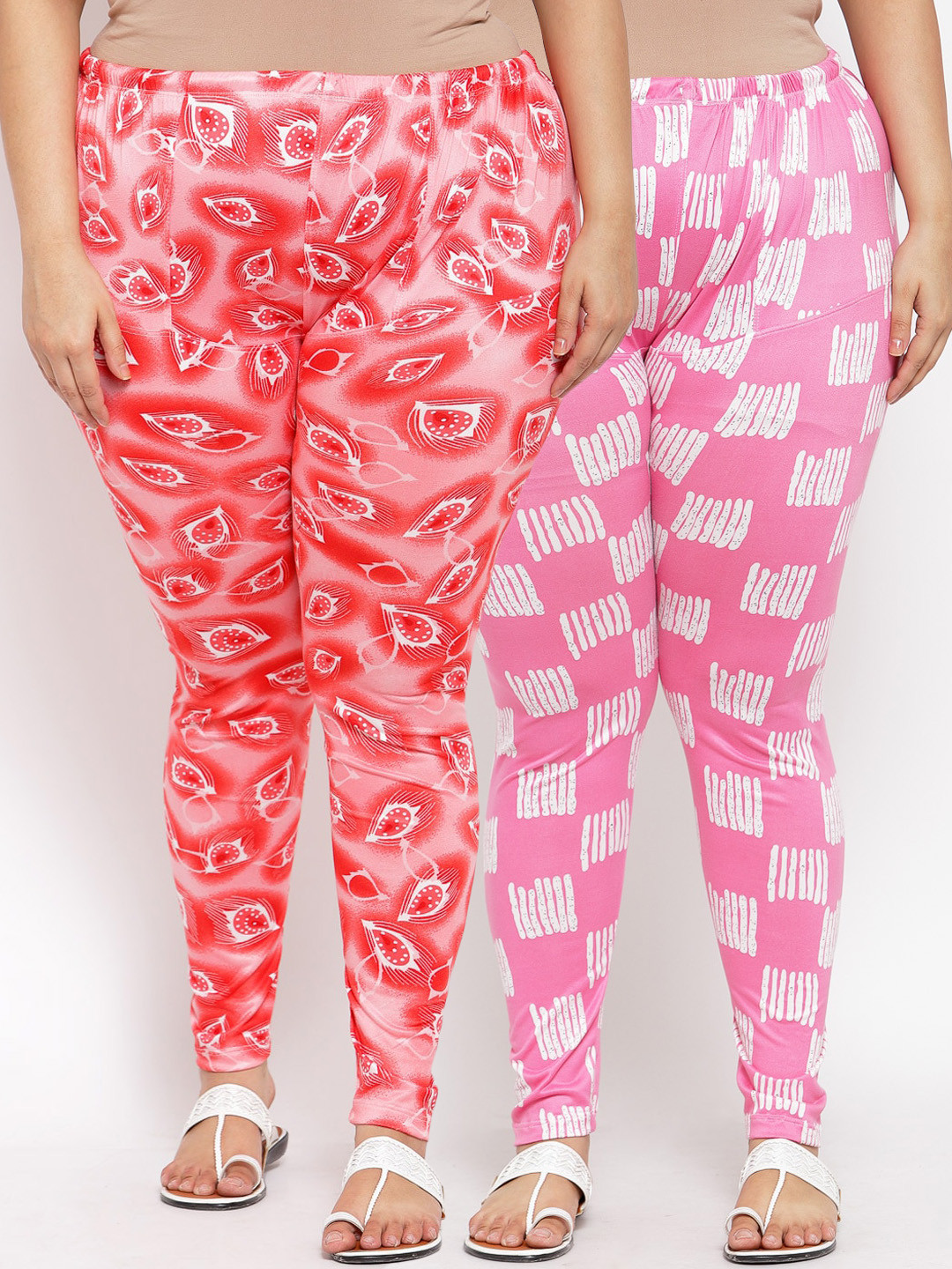 

KLOTTHE Women Pack Of 2 Red & Pink Printed Ankle-Length Plus Size Leggings
