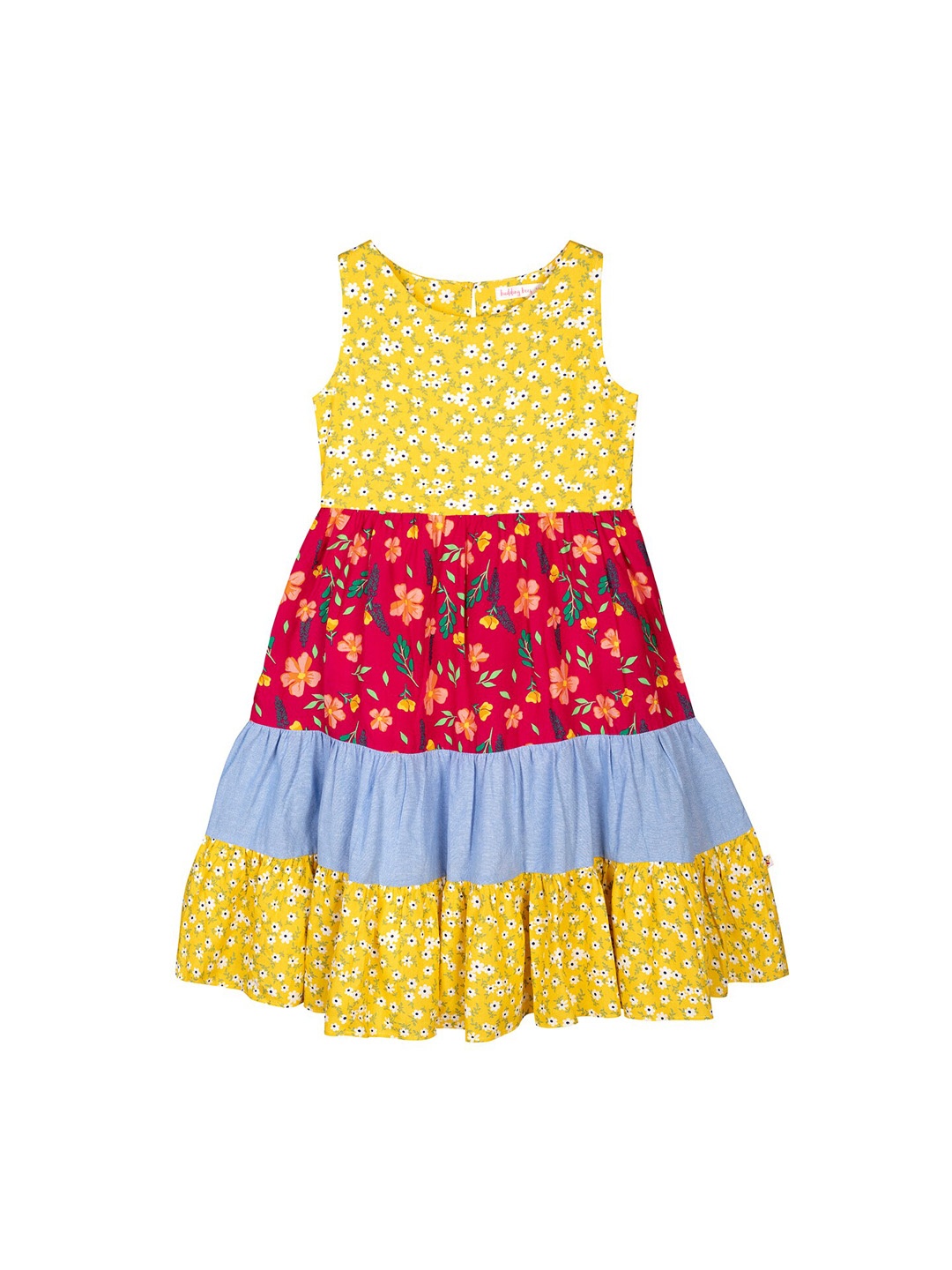 

Budding Bees Girls Yellow & Red Floral Printed Tiered Dress