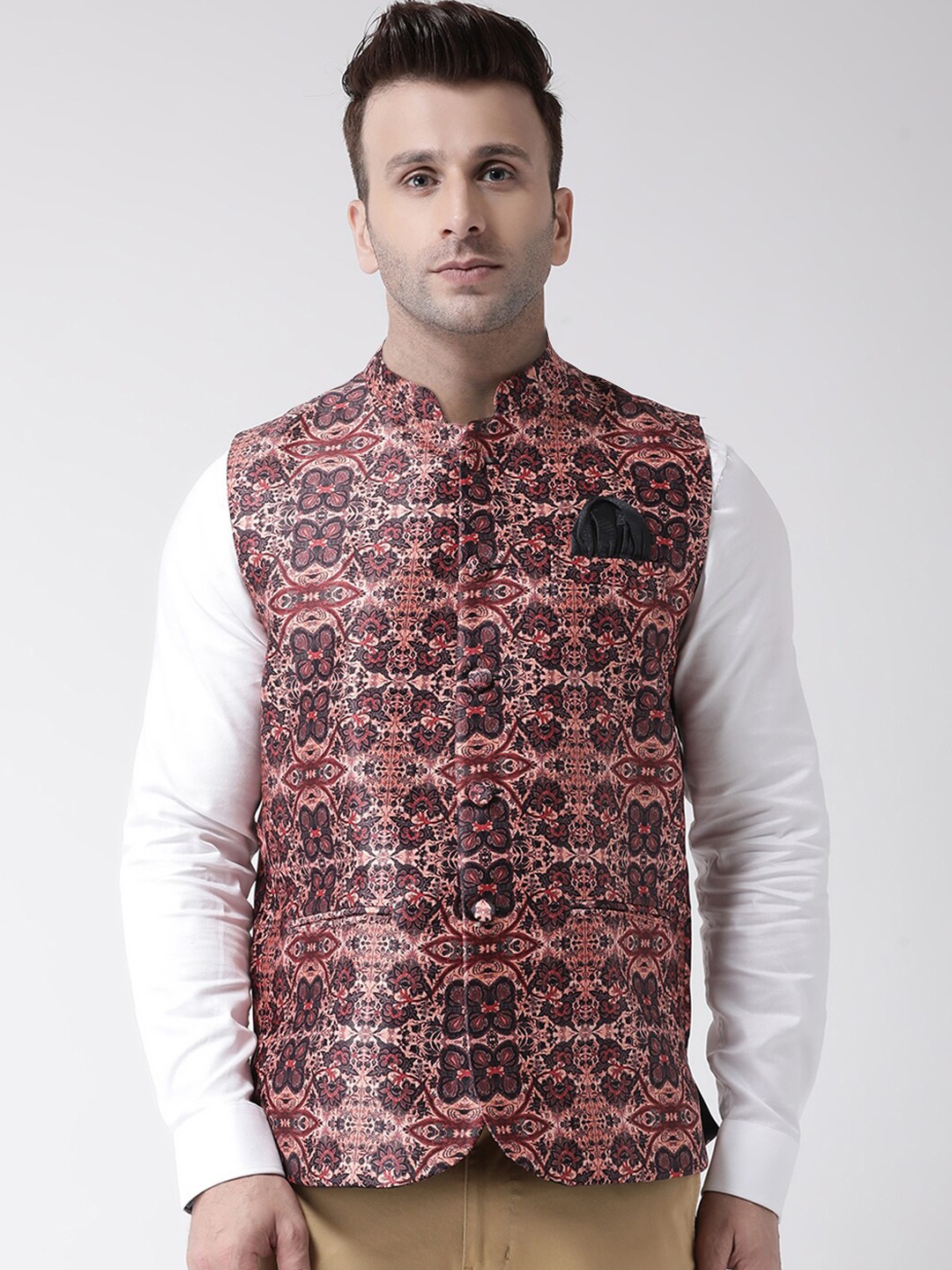 Hangup Men Orange & Charcoal Grey Printed Woven Nehru Jacket