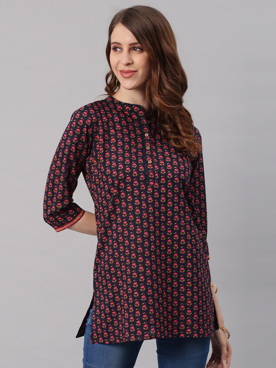 

Janasya Black & Pink Mandarin Collar Printed Tunic