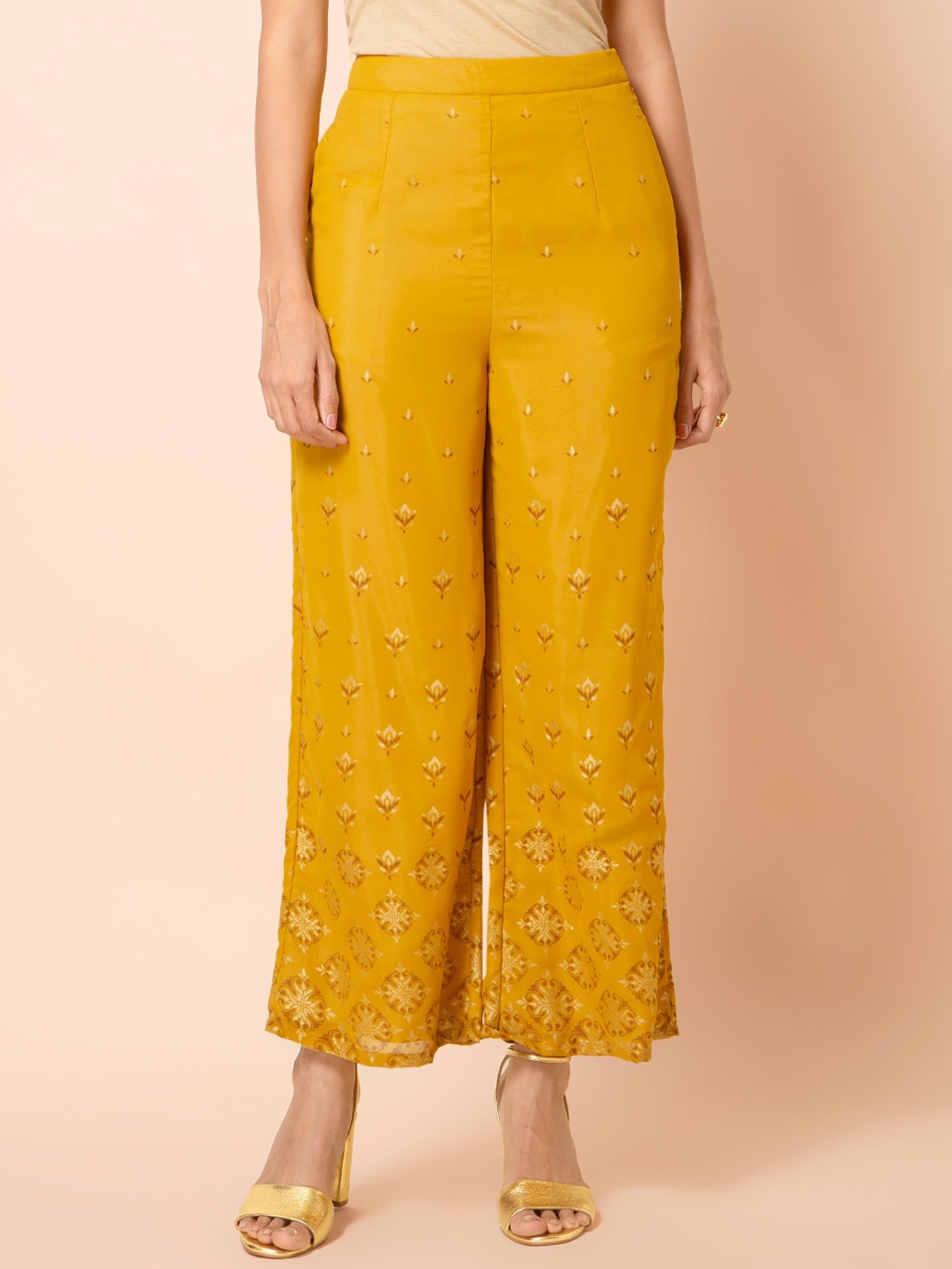 

INDYA Women Yellow Printed Parallel Trousers