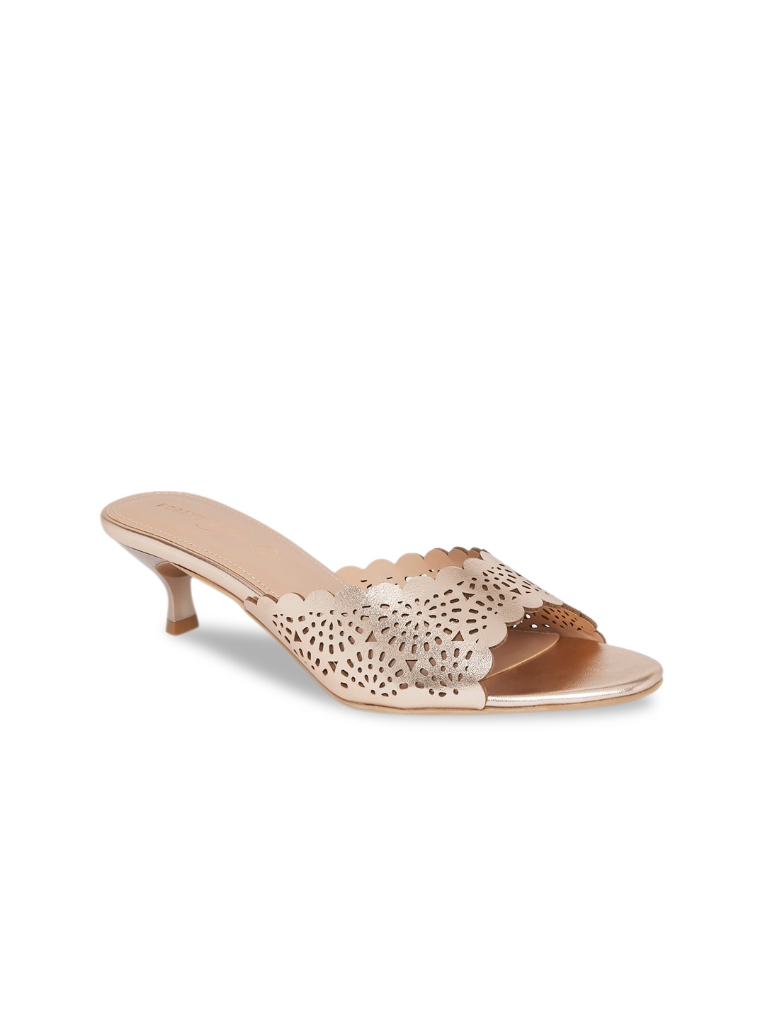 

Forever Glam by Pantaloons Gold Leather Kitten Heeled Sandals with Laser Cuts