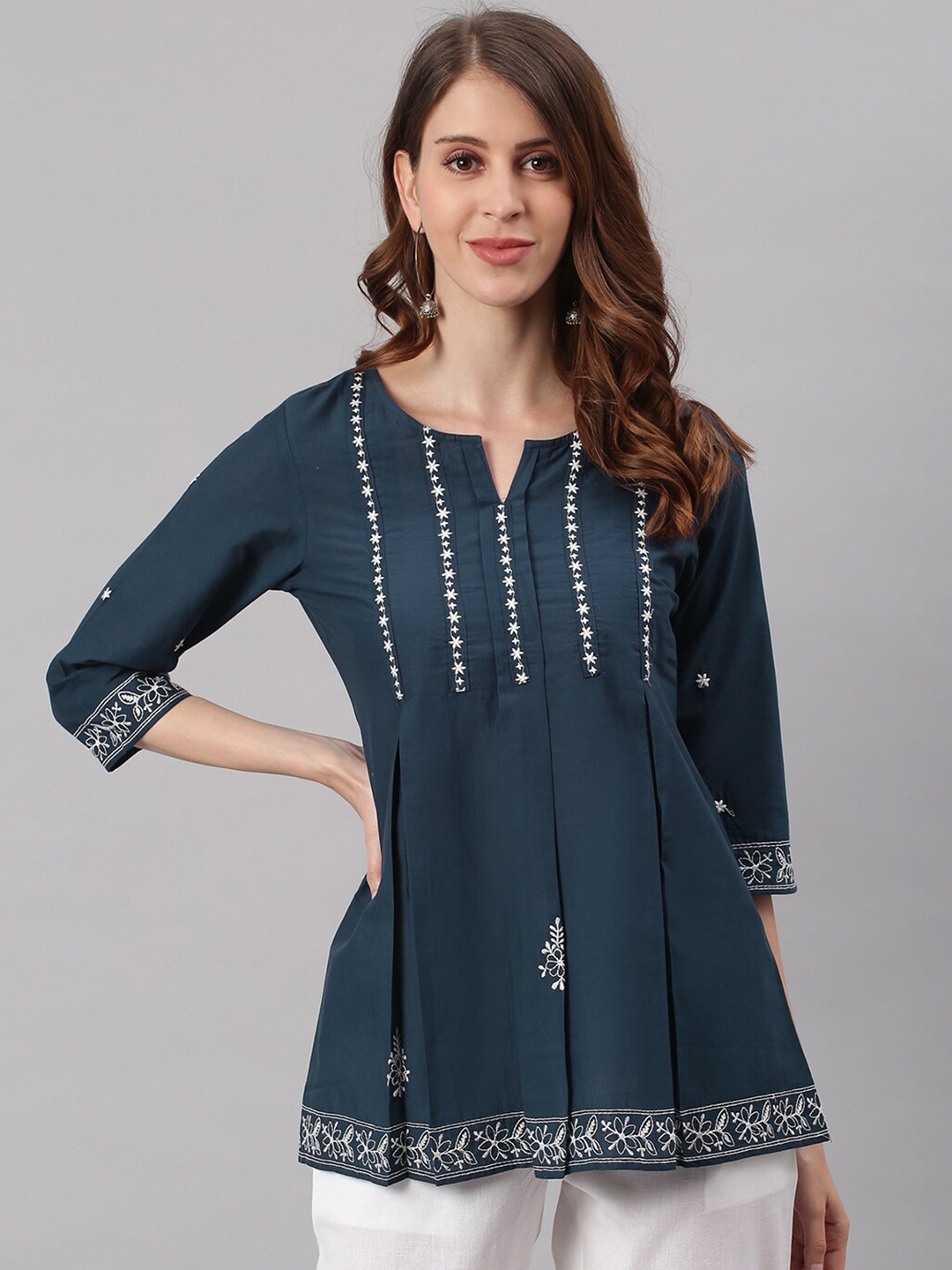 

Janasya Navy Blue & White Embroidered Cotton Tunic