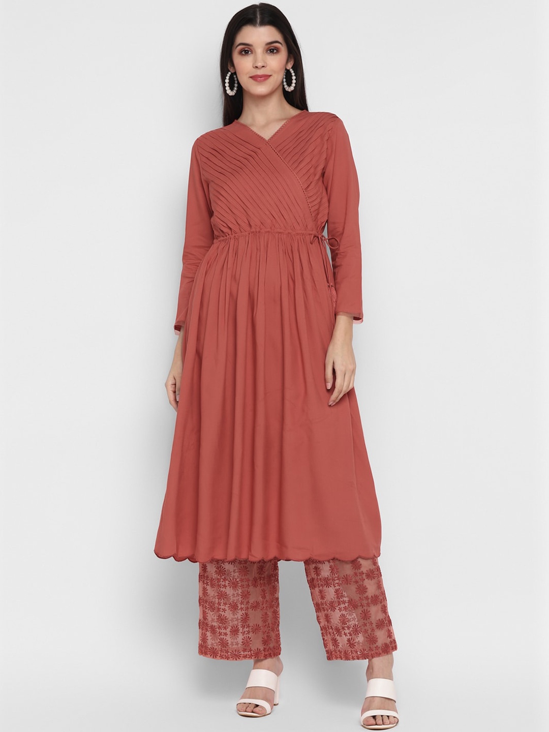 

BLANC9 Women Orange Pleated Kurta with Palazzos