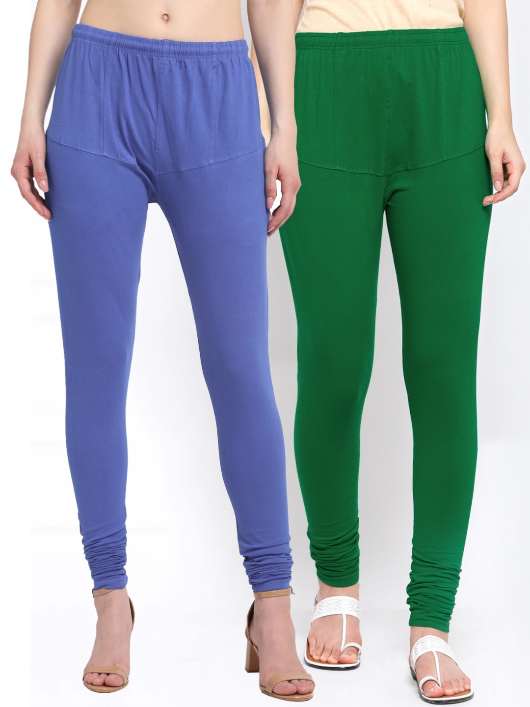 

KLOTTHE Women Pack Of 2 Blue & Green Solid Cotton Churidar-Length Leggings