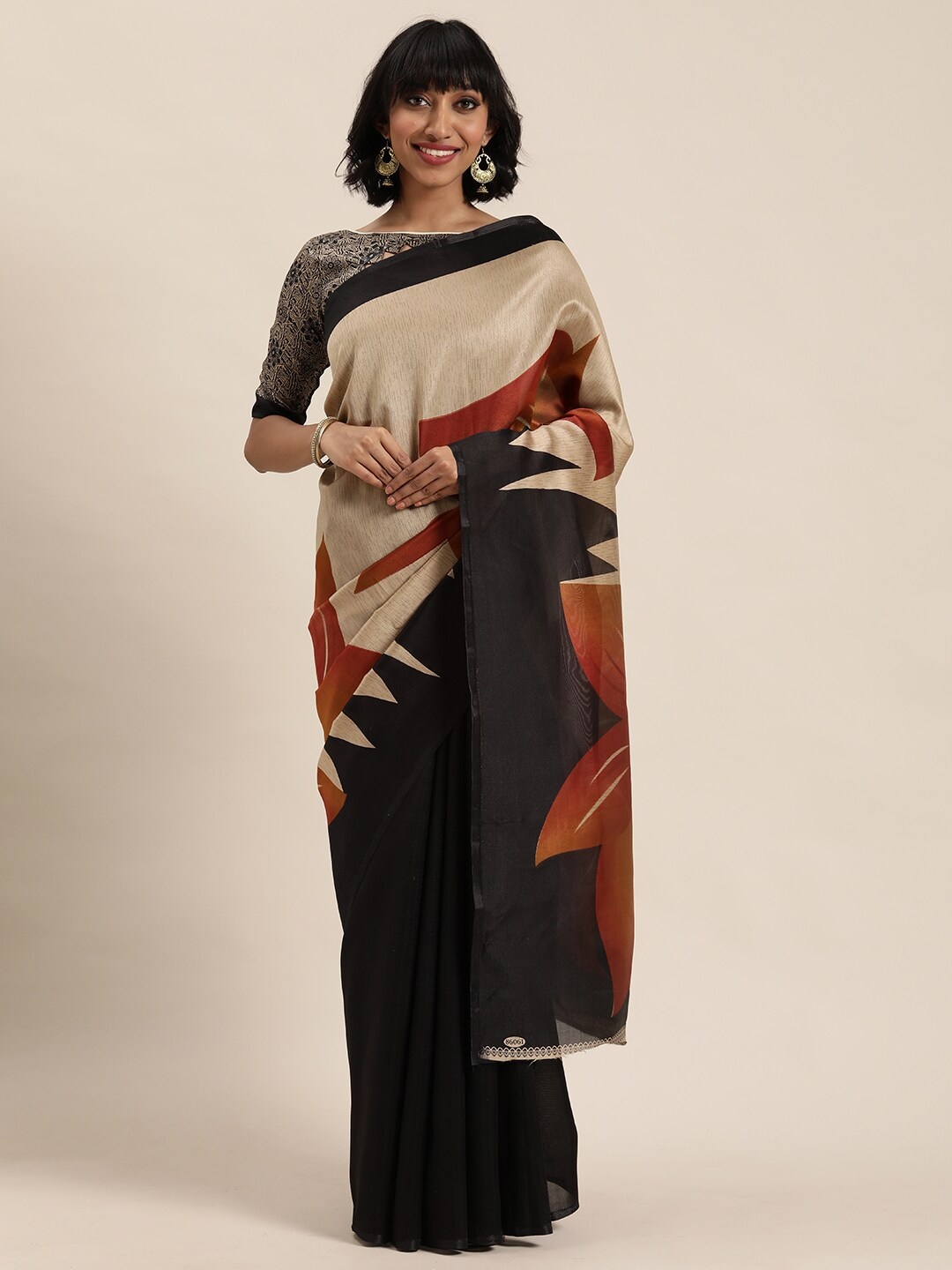 

KALINI Cream-Coloured & Black Floral Silk Blend Bhagalpuri Saree