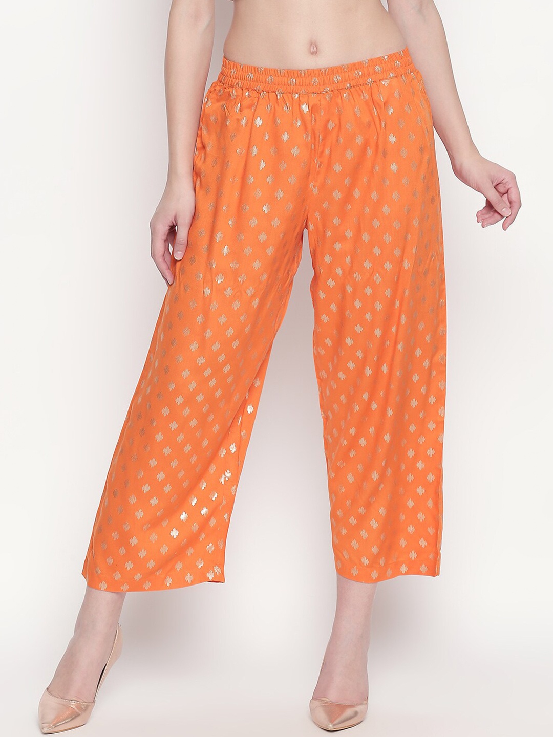 

RANGMANCH BY PANTALOONS Women Orange & Silver-Toned Printed Knitted Ethnic Palazzos