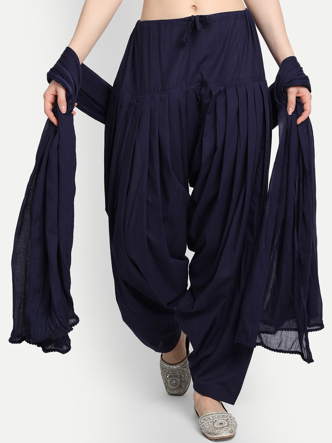 

fabGLOBAL Women Navy Blue Solid Cotton Patiala With Dupatta