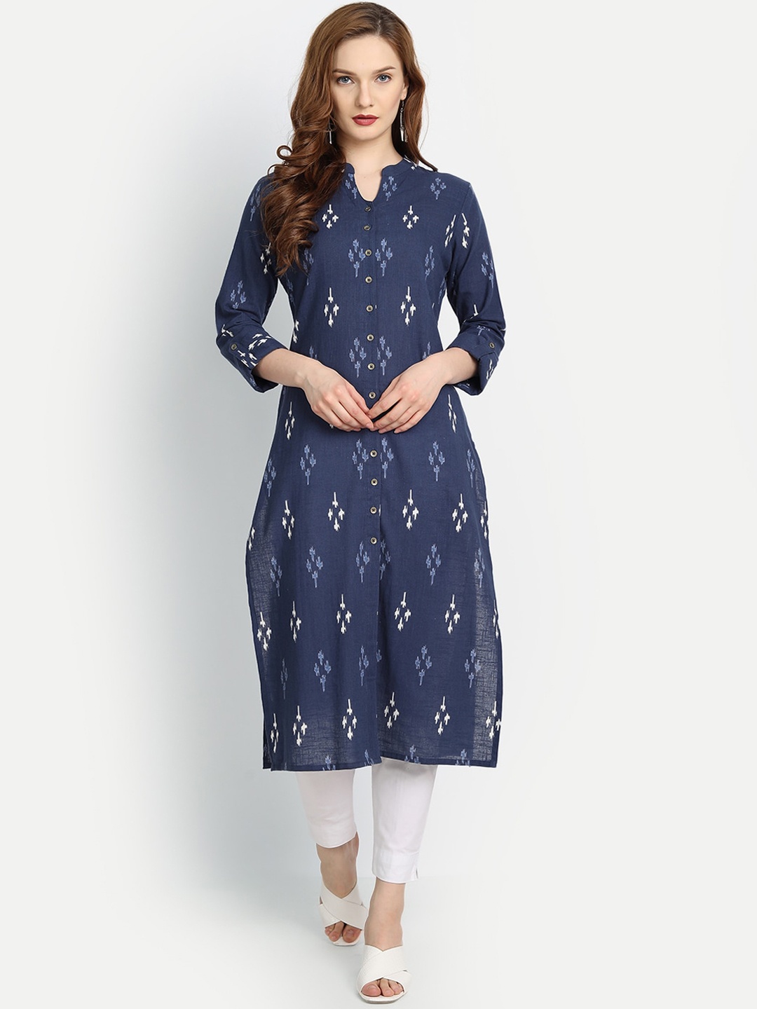 fabGLOBAL Women Blue Printed Handloom Kurta