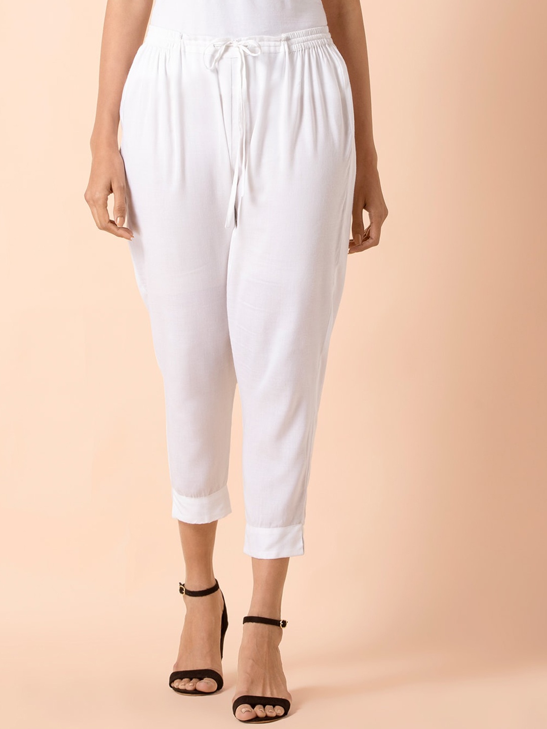 

INDYA Women White Pleated Cigarette Trousers