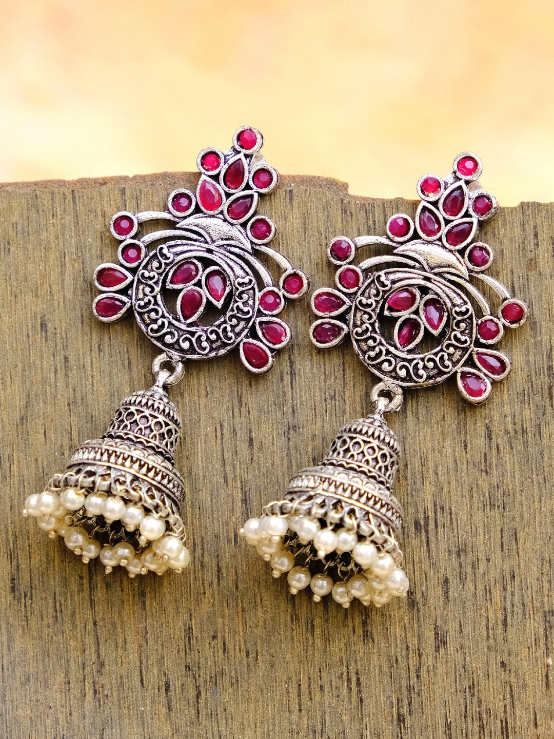 

Crunchy Fashion Silver-Toned Contemporary Oxidised Jhumkas Earrings