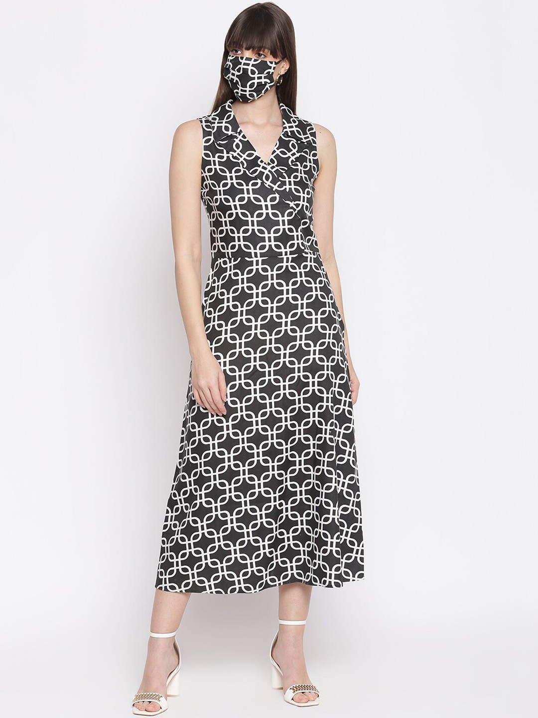 

Sandy and Ritz Women Black & White Printed Sleeveless Viscose Wrap Dress