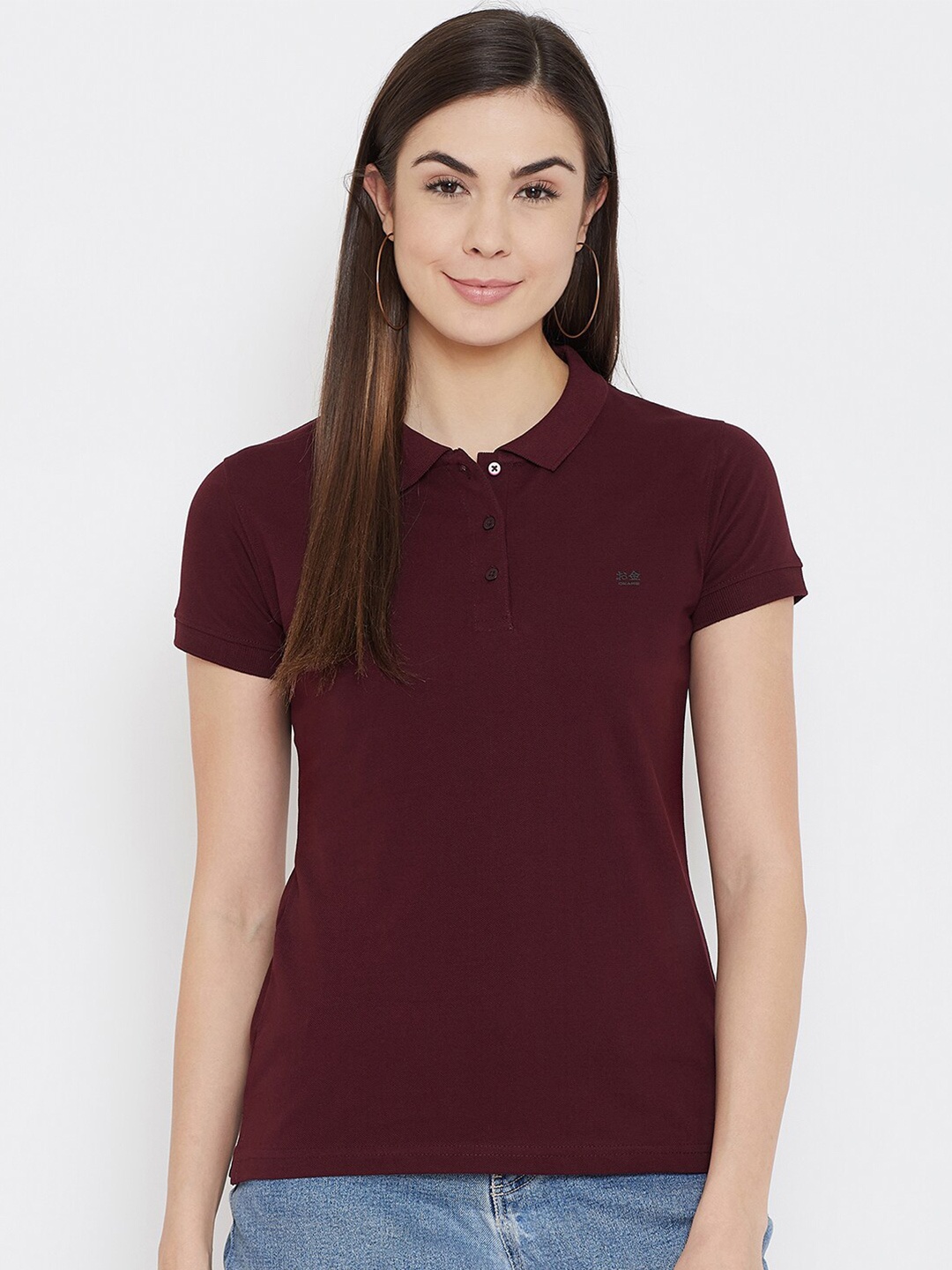 Okane Women Burgundy Polo Collar Slim Fit T-shirt