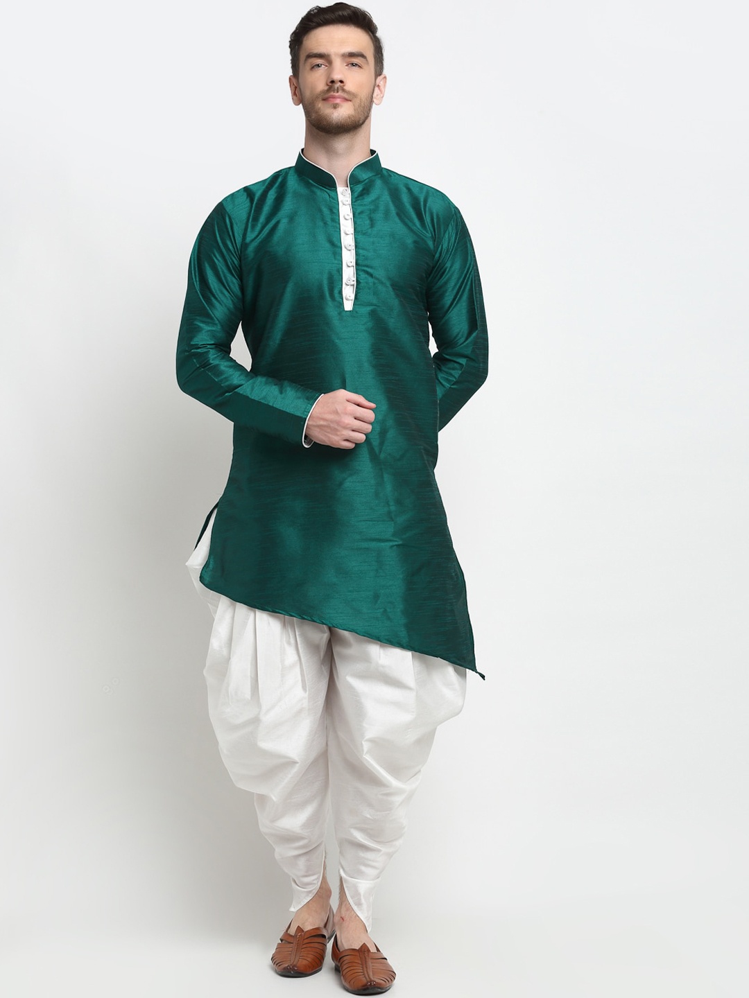 

Benstoke Men Bottle Green Woven Design Dupion Silk Kurta with Dhoti Pants