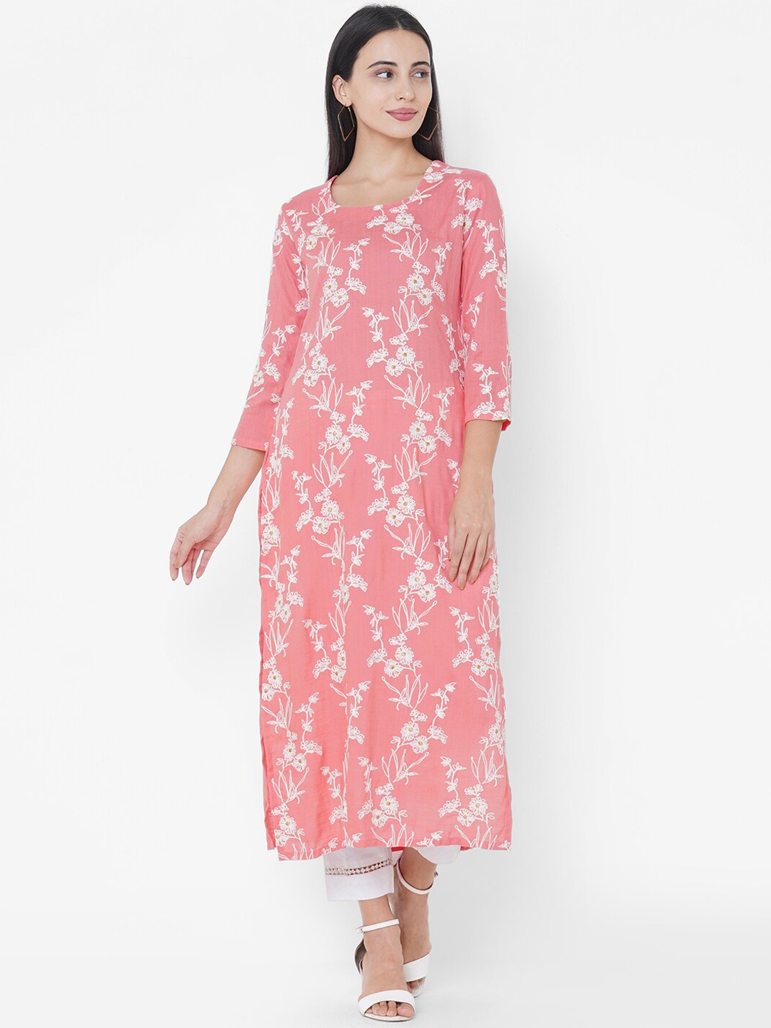 

FASHOR Women Pink Floral Embroidered Straight Kurta