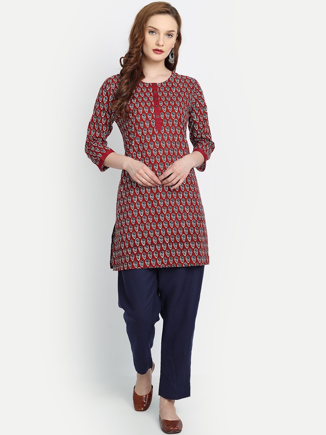 

fabGLOBAL Women Red Ethnic Motifs Printed Thread Work Handloom Kurta