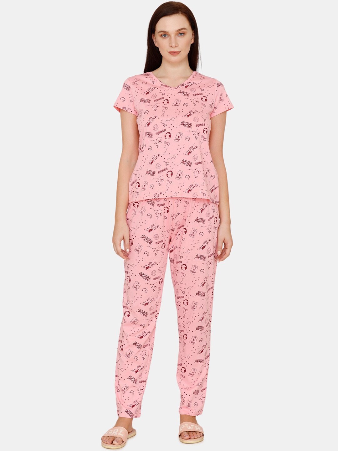 

Zivame Women Pink Printed Night Suit