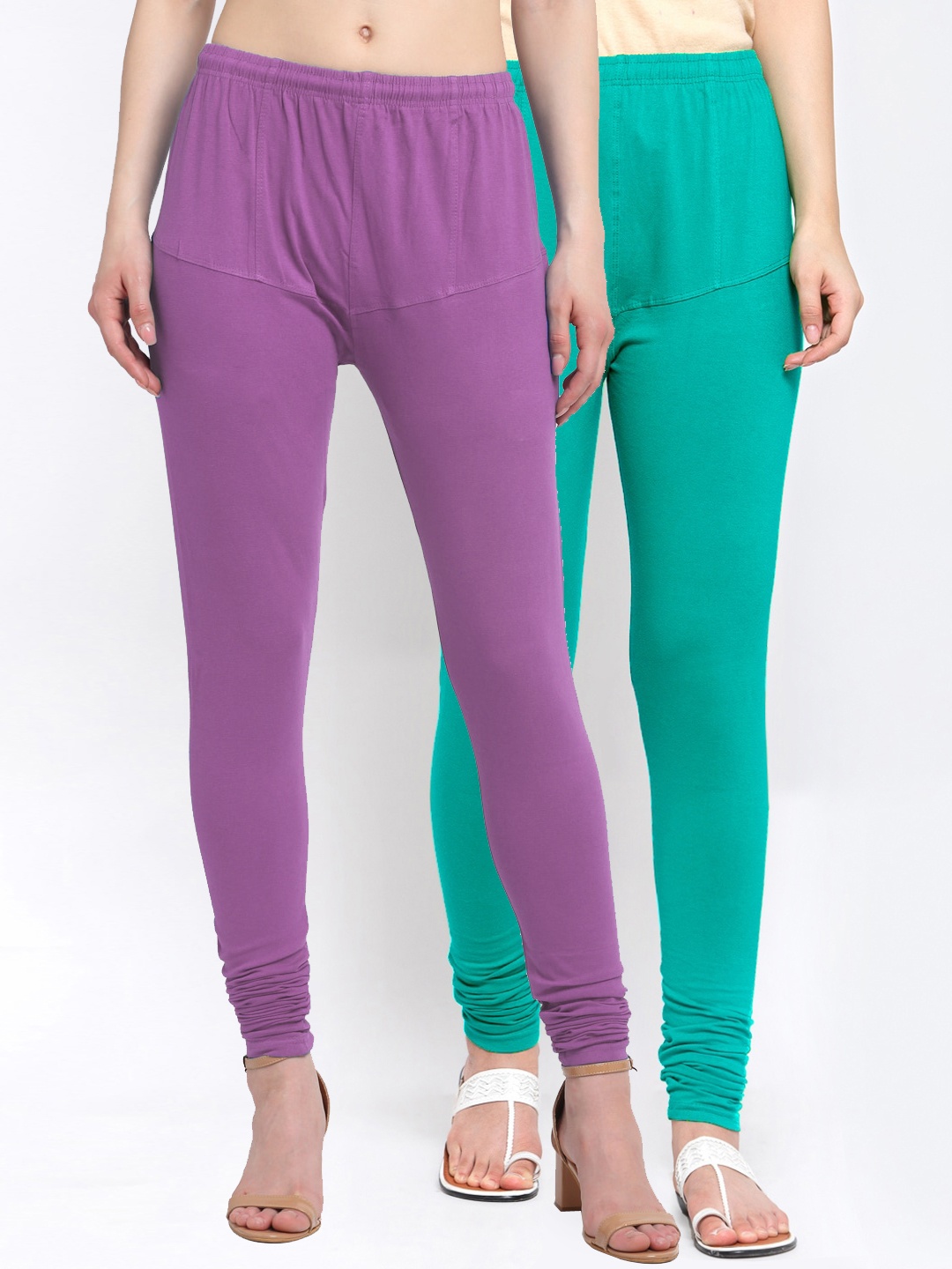 

KLOTTHE Women Pack Of 2 Purple & Green Solid Churidar-Length Cotton Leggings