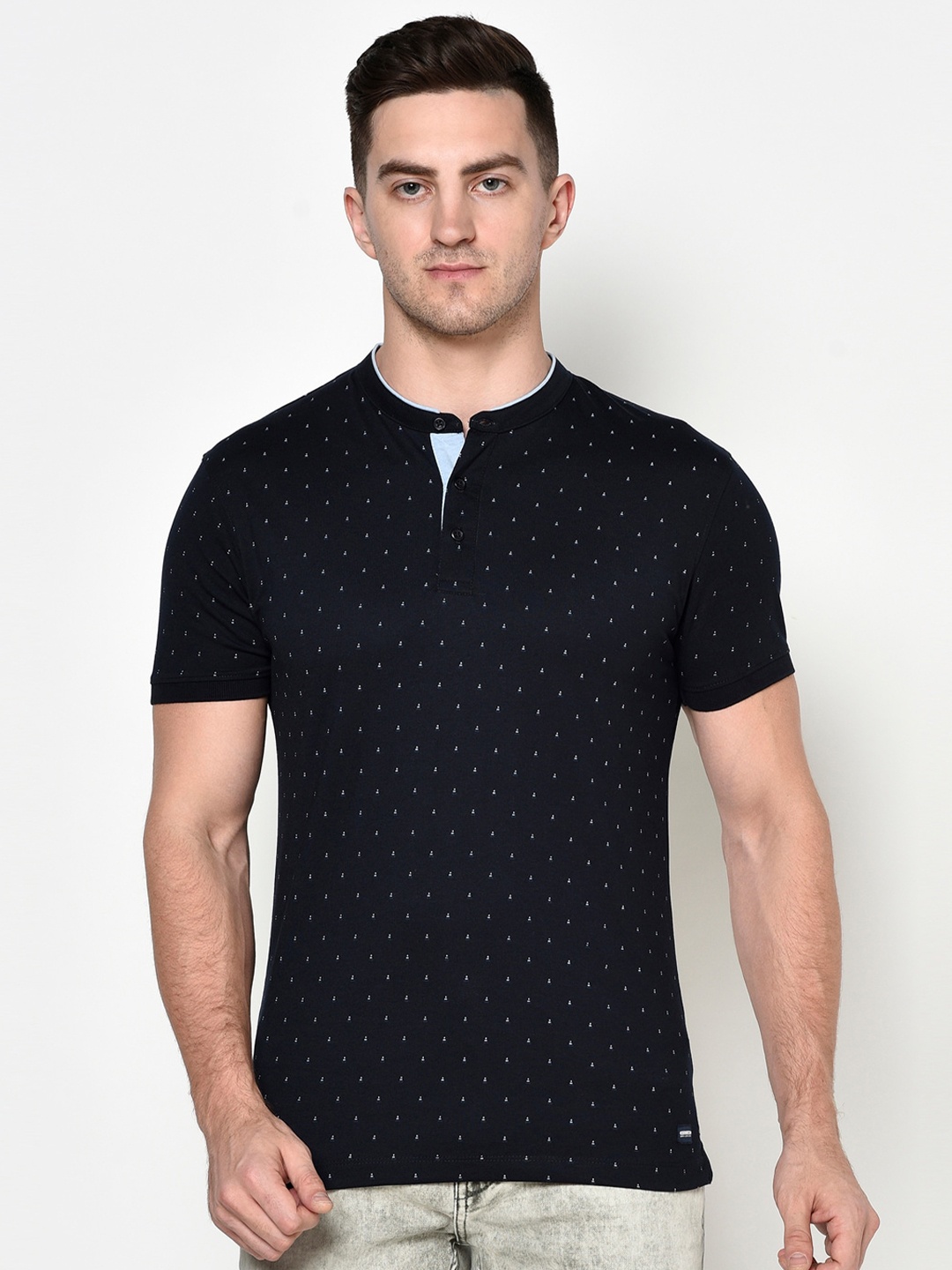 

Octave Men Navy Blue & White Floral Printed Mandarin Collar Cotton T-shirt
