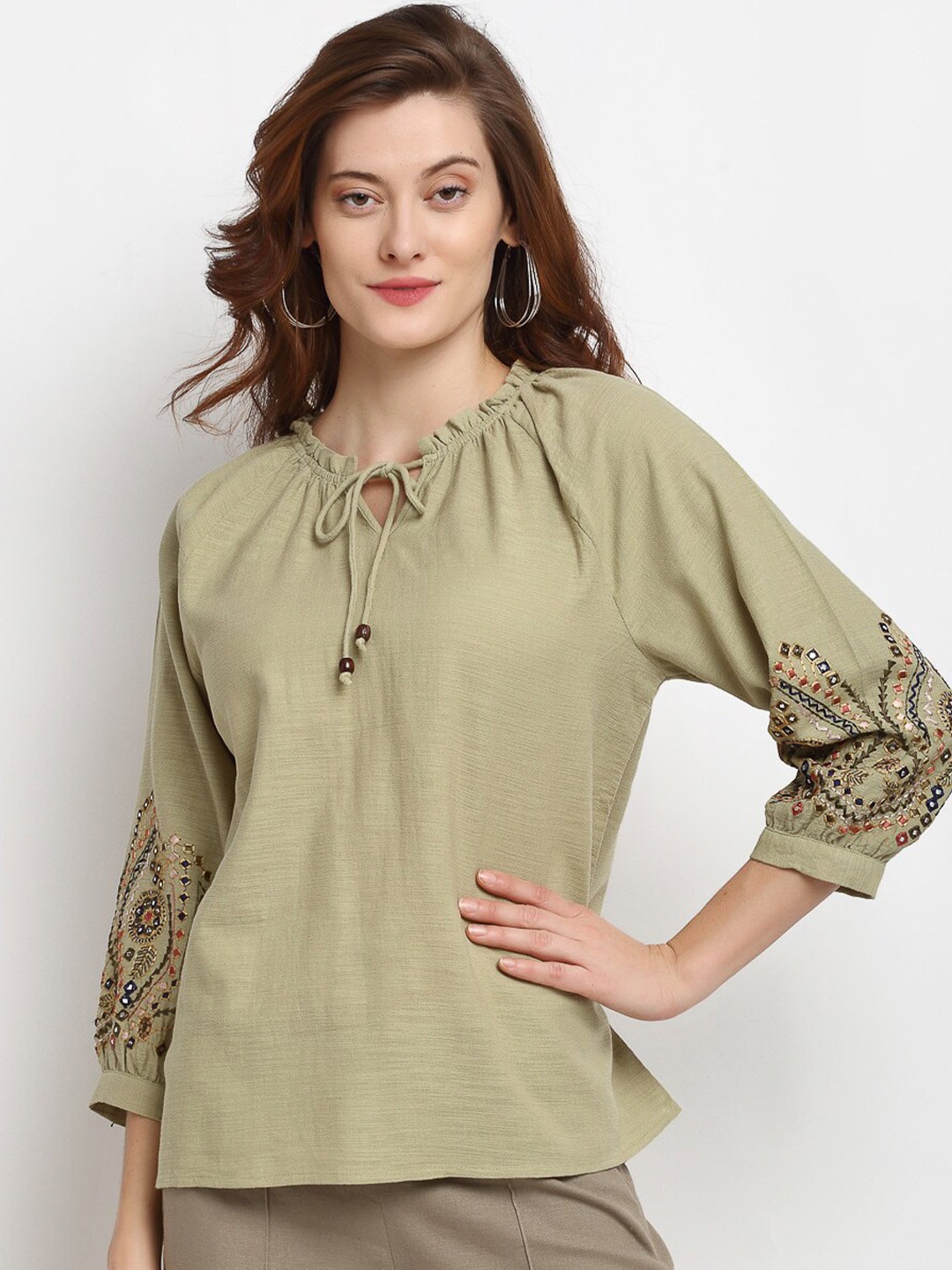 

Gipsy Women Olive Green Embroidered Cotton Tunic