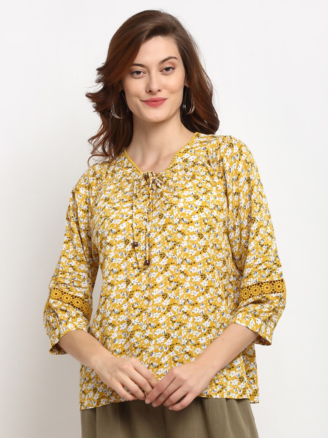 Gipsy Yellow & White Ditsy Floral Printed Tie-Up Neck Regular Top