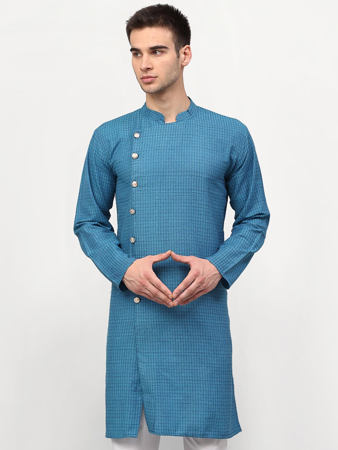 

Jompers Men Turquoise Blue Checked Cotton Jacquard Kurta