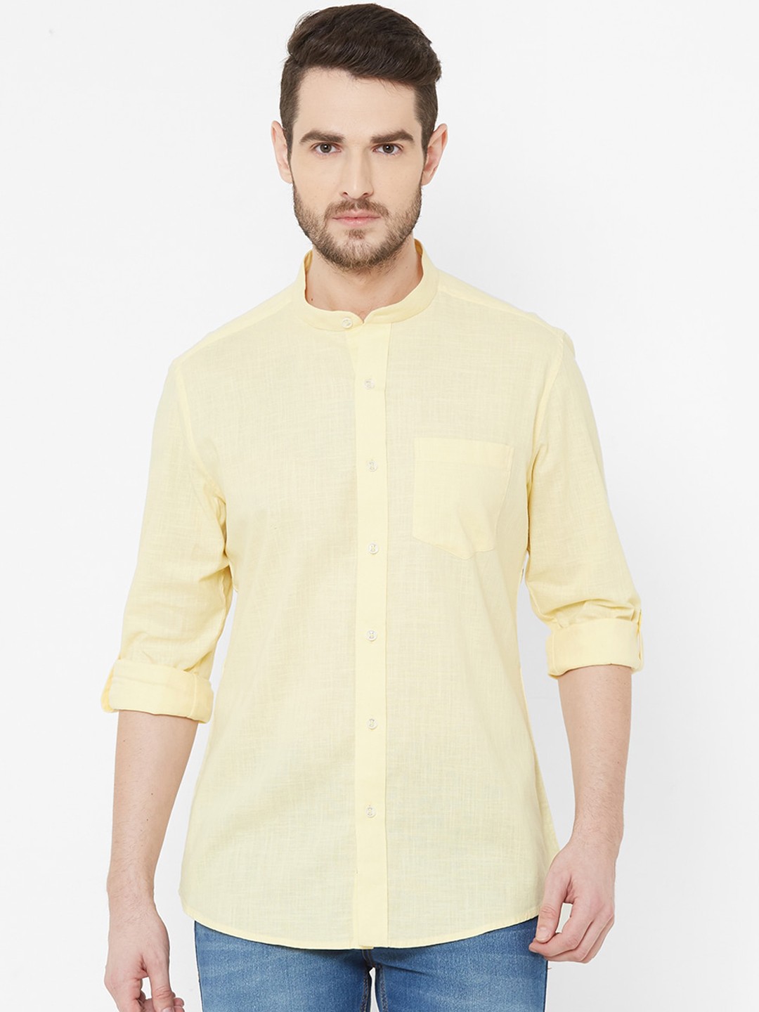 

EVOQ Men Yellow Cotton Linen Casual Shirt