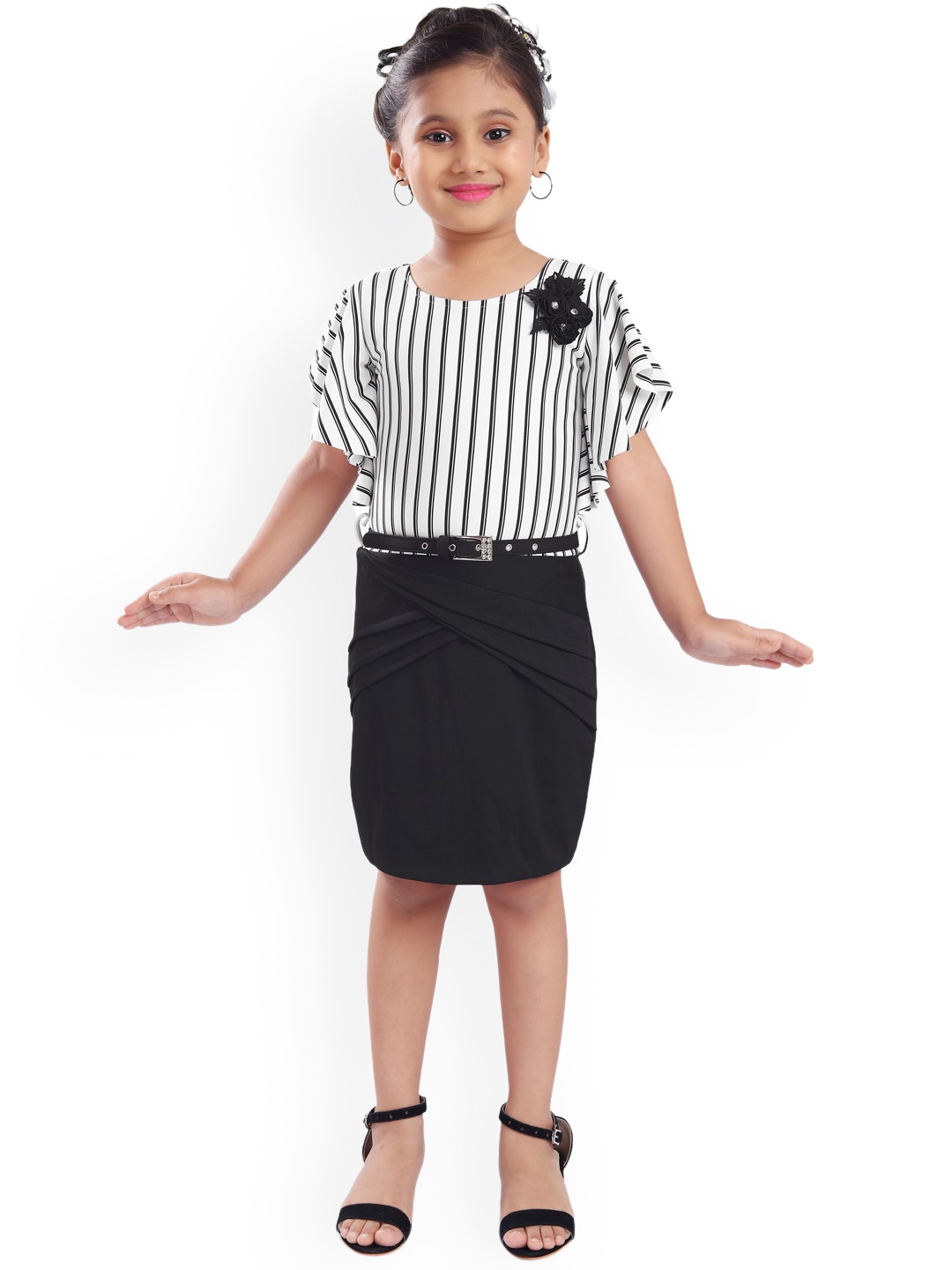 

Wish Karo White Striped Scuba A-Line Dress