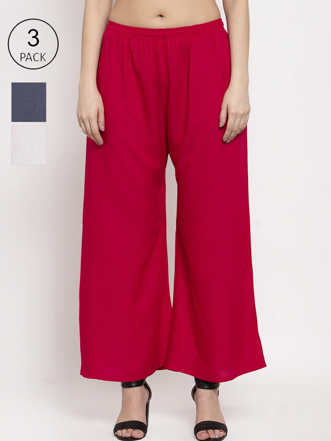 Miaz Lifestyle Women Pack Of 3 Grey & Pink Flared Palazzos