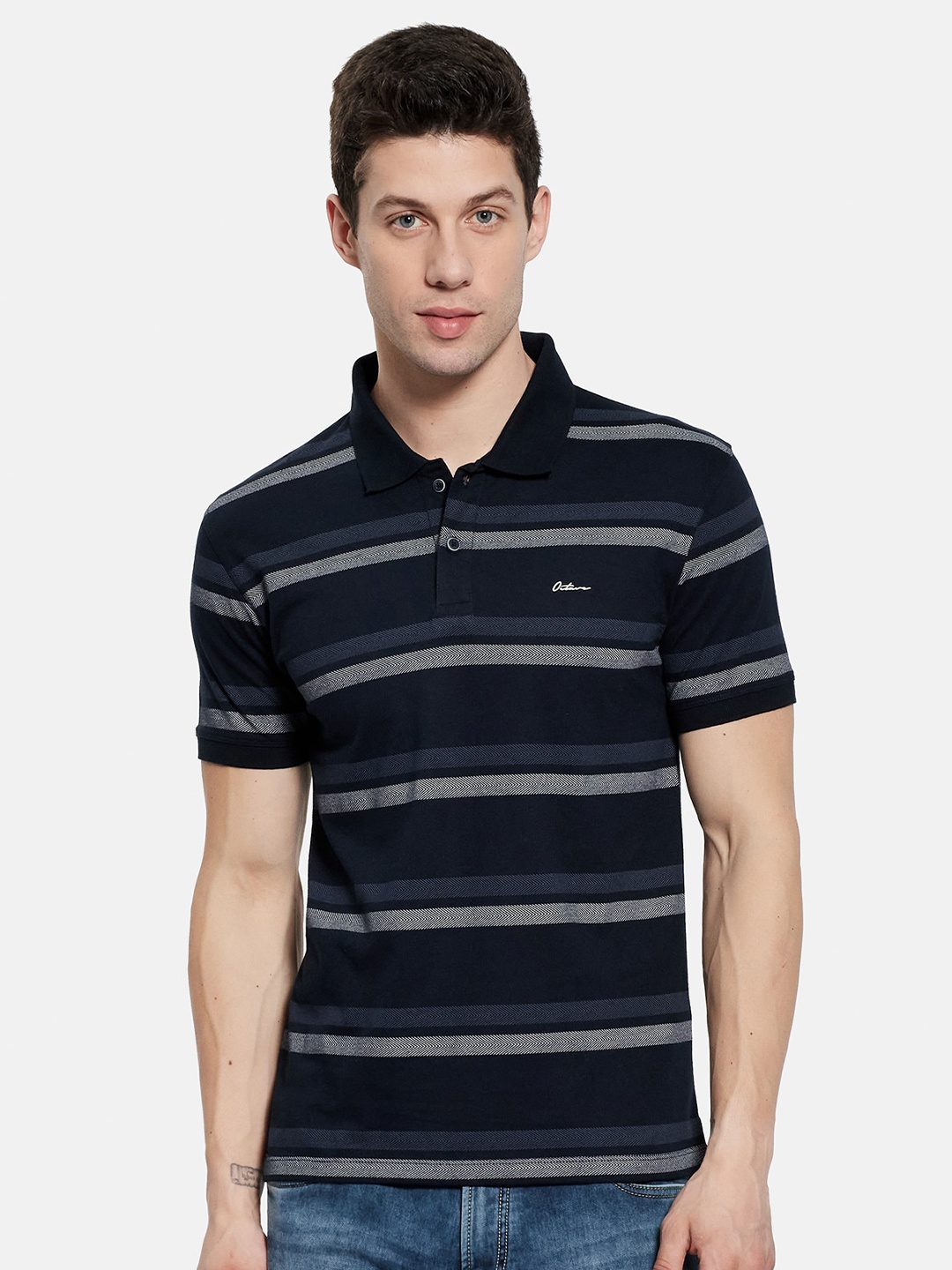 

Octave Men Navy Blue & Grey Striped Polo Collar T-shirt
