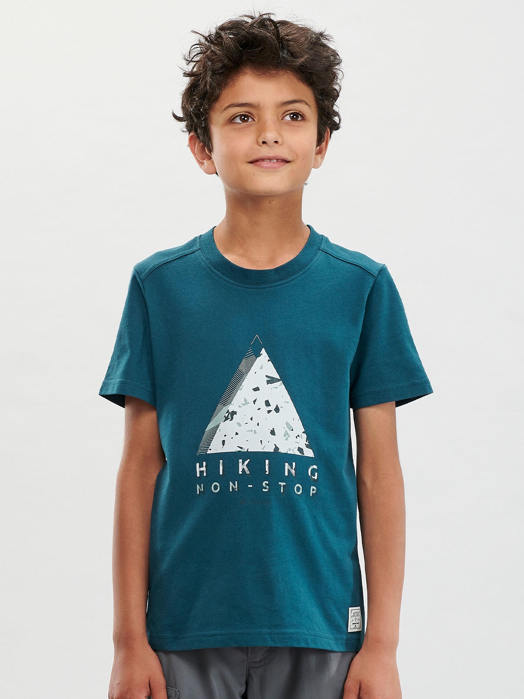 

Quechua By Decathlon Boys Teal Blue Printed Hiking T-Shirt - MH100
