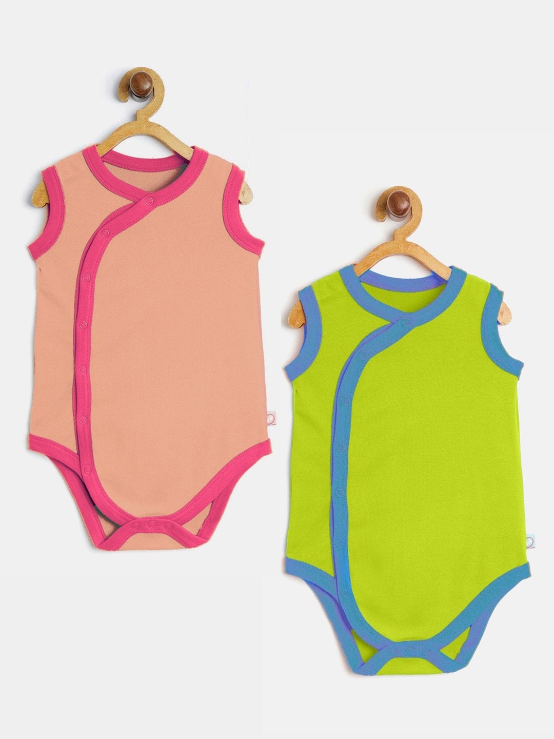 cherrytoes Infant Kids Pack of 2 Peach-Coloured & Green Solid Cotton Bodysuits