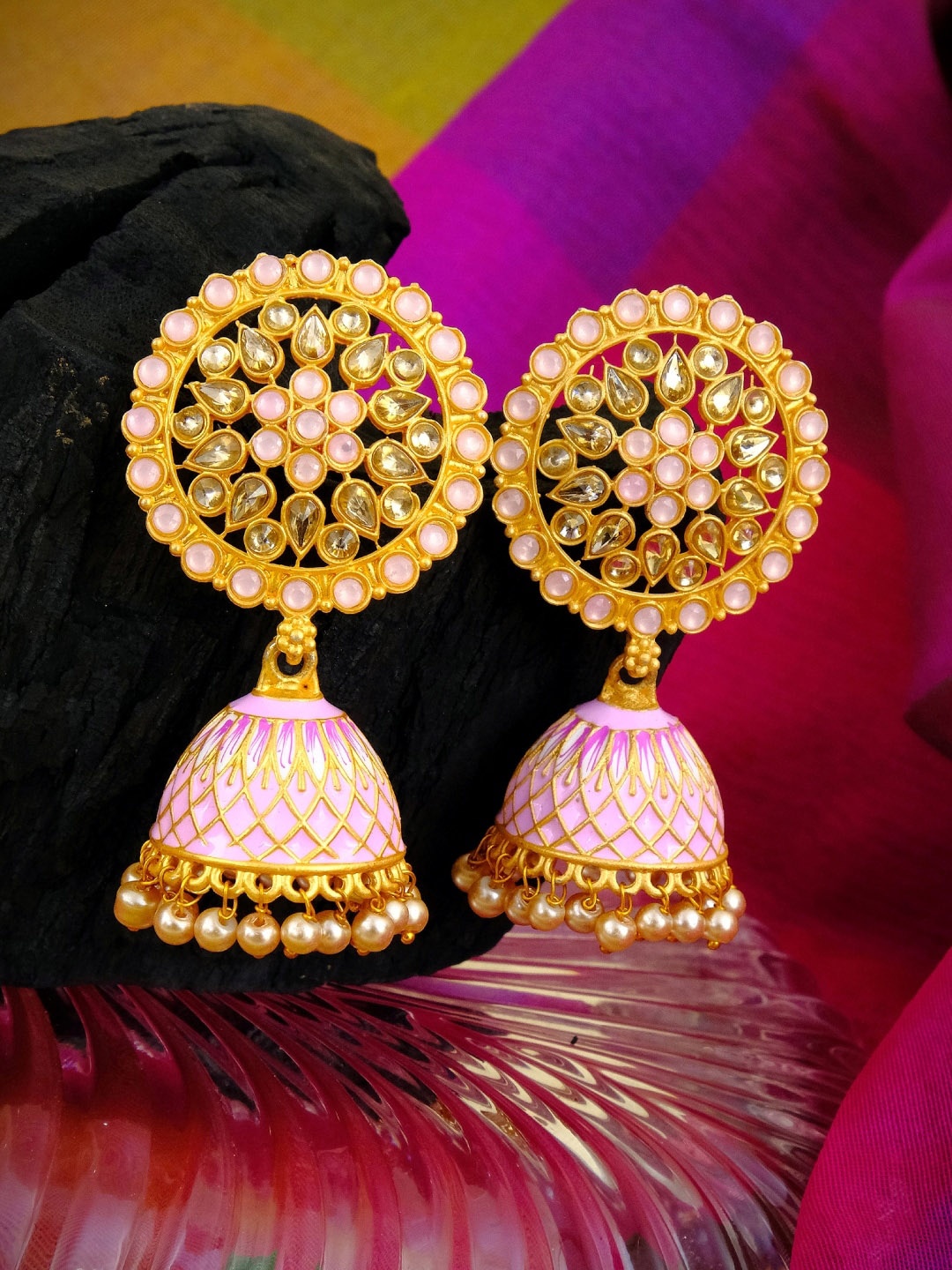 

Crunchy Fashion Gold-Plated & Pink Dome Shaped Jhumkas Earrings