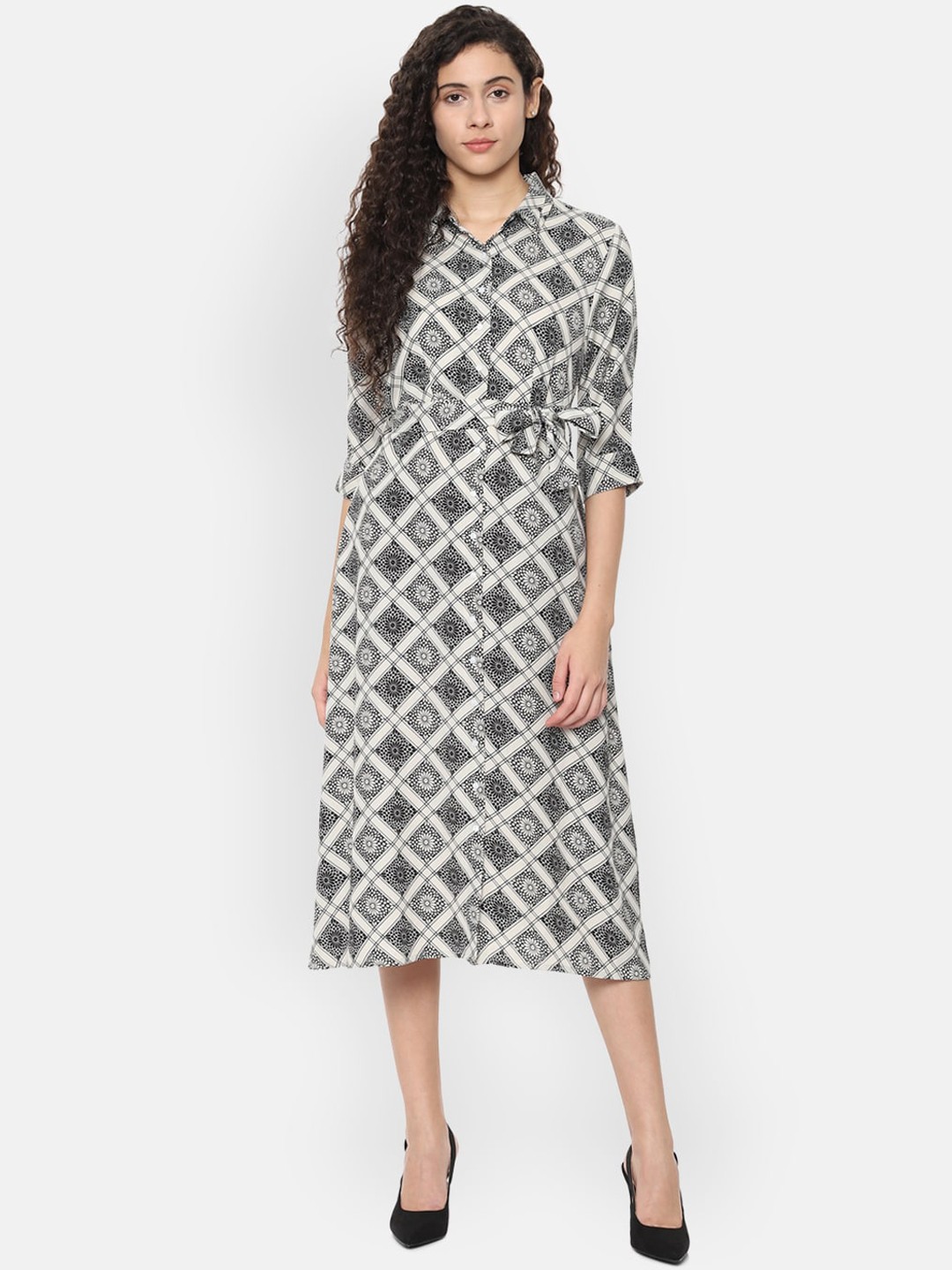 

Van Heusen Woman Cream & Black Floral A-Line Midi Dress