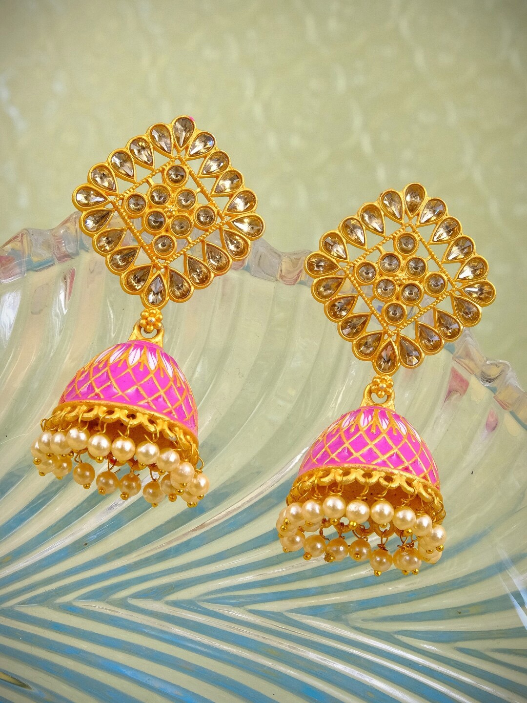 

Crunchy Fashion Pink Dome Shaped Meenakari Jhumkas Earrings
