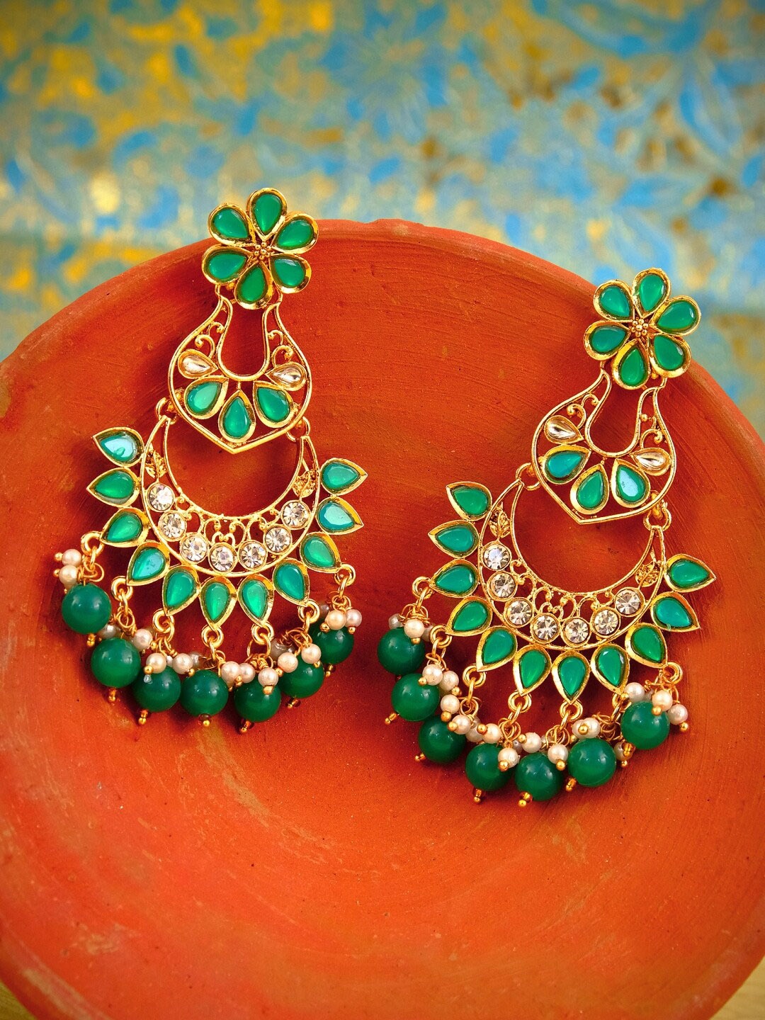 Crunchy Fashion Green Gold-Plated Contemporary Chandbalis