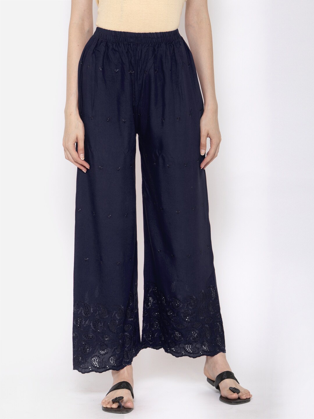 

KLOTTHE Women Navy Blue Wide Leg Embroidered Palazzos