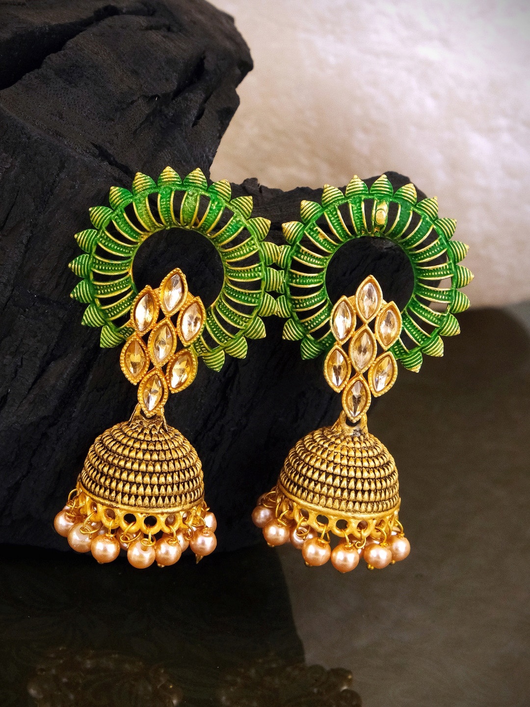 

Crunchy Fashion Gold-Plated & Green Dome Shaped Jhumkas Earrings