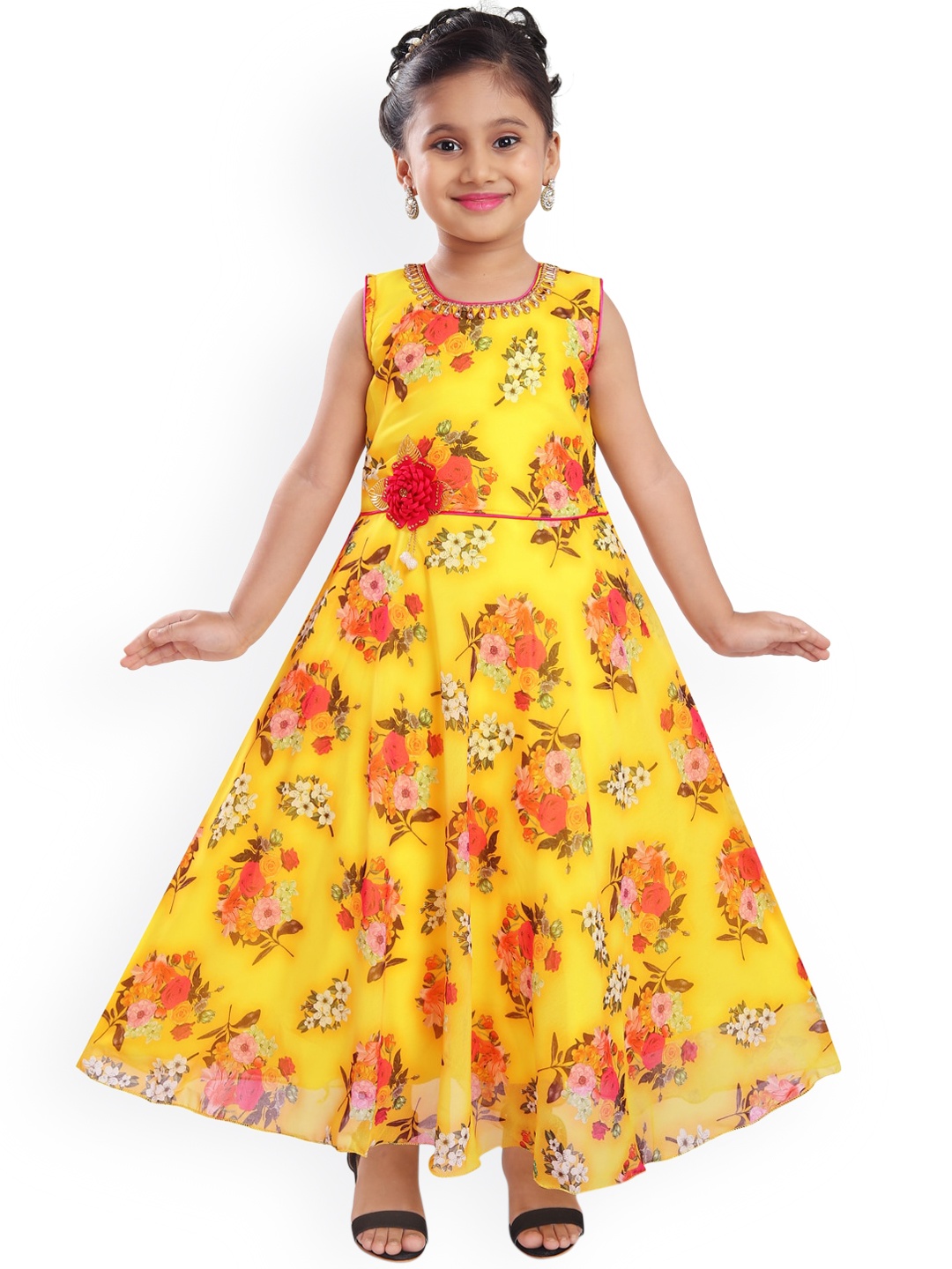 

Wish Karo Yellow Floral Georgette Maxi Dress