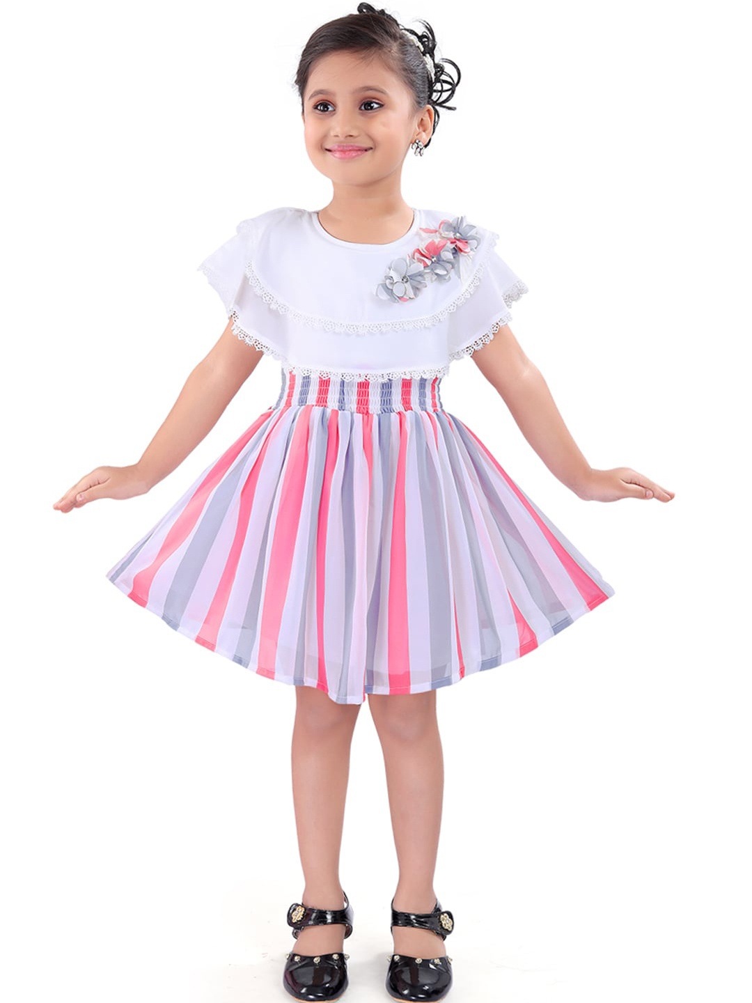 

Wish Karo White & Pink Striped Georgette Dress